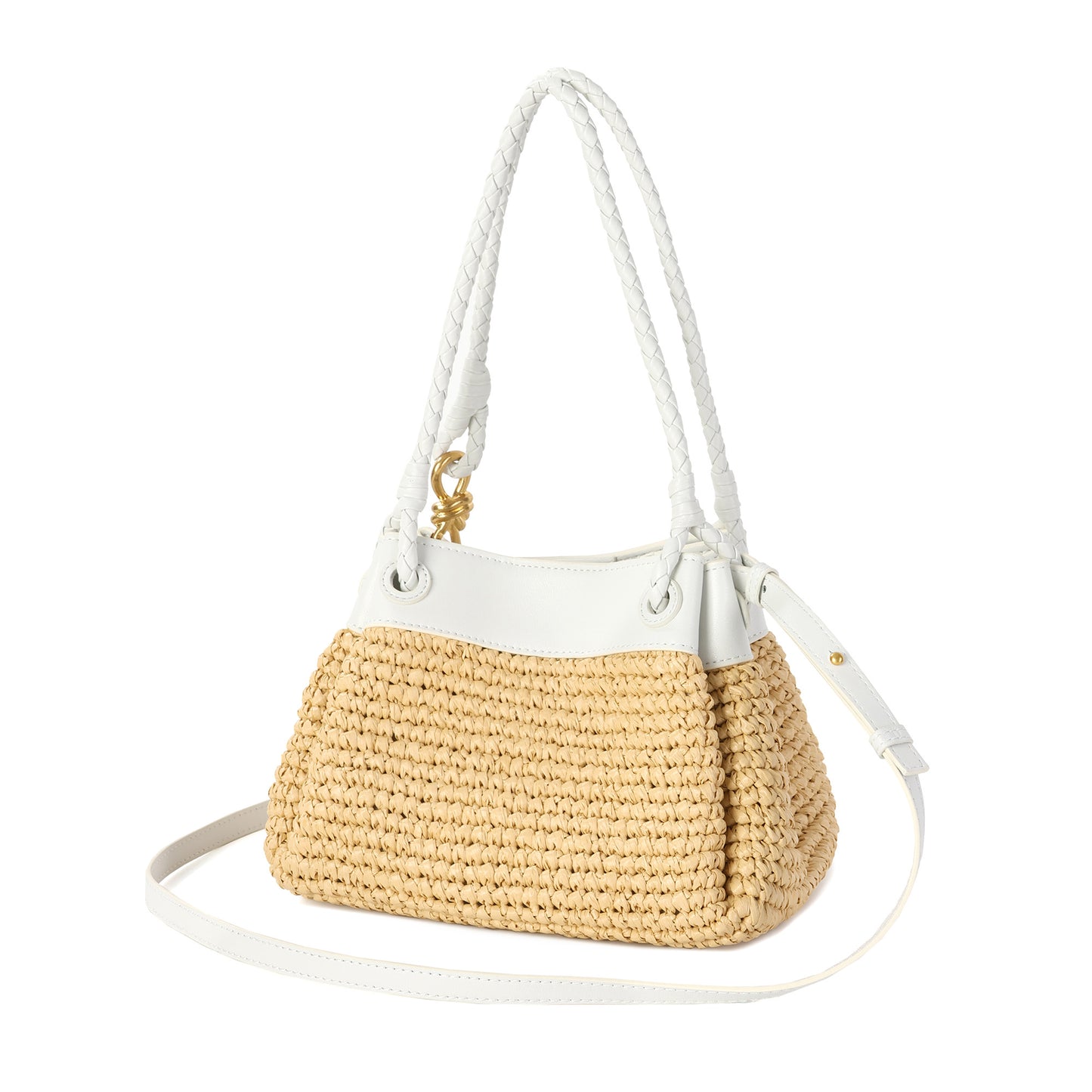 Woven Raffia & Leather Drawstring Shoulder Bag