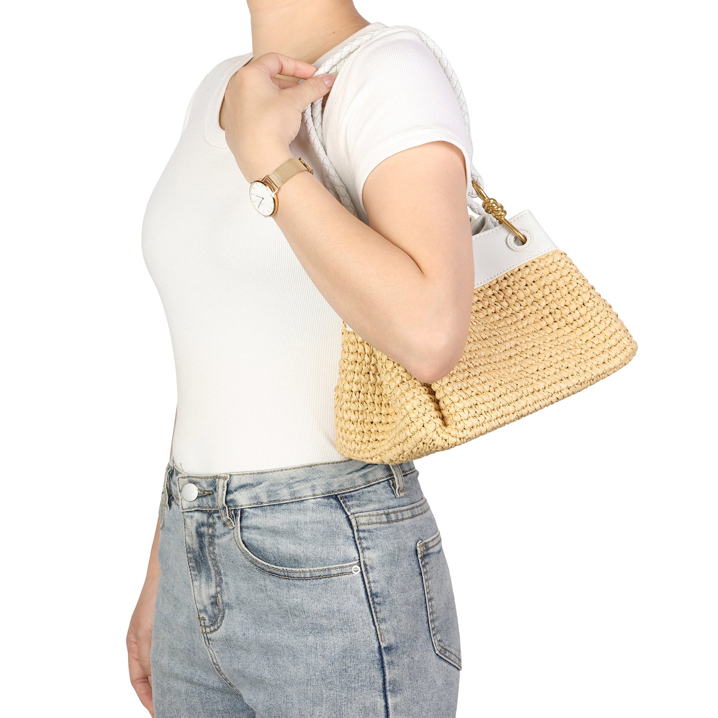 Woven Raffia & Leather Drawstring Shoulder Bag