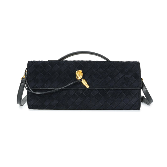 Woven Suede Leather Shoulder Bag with Gold Turn-Lock Accent
