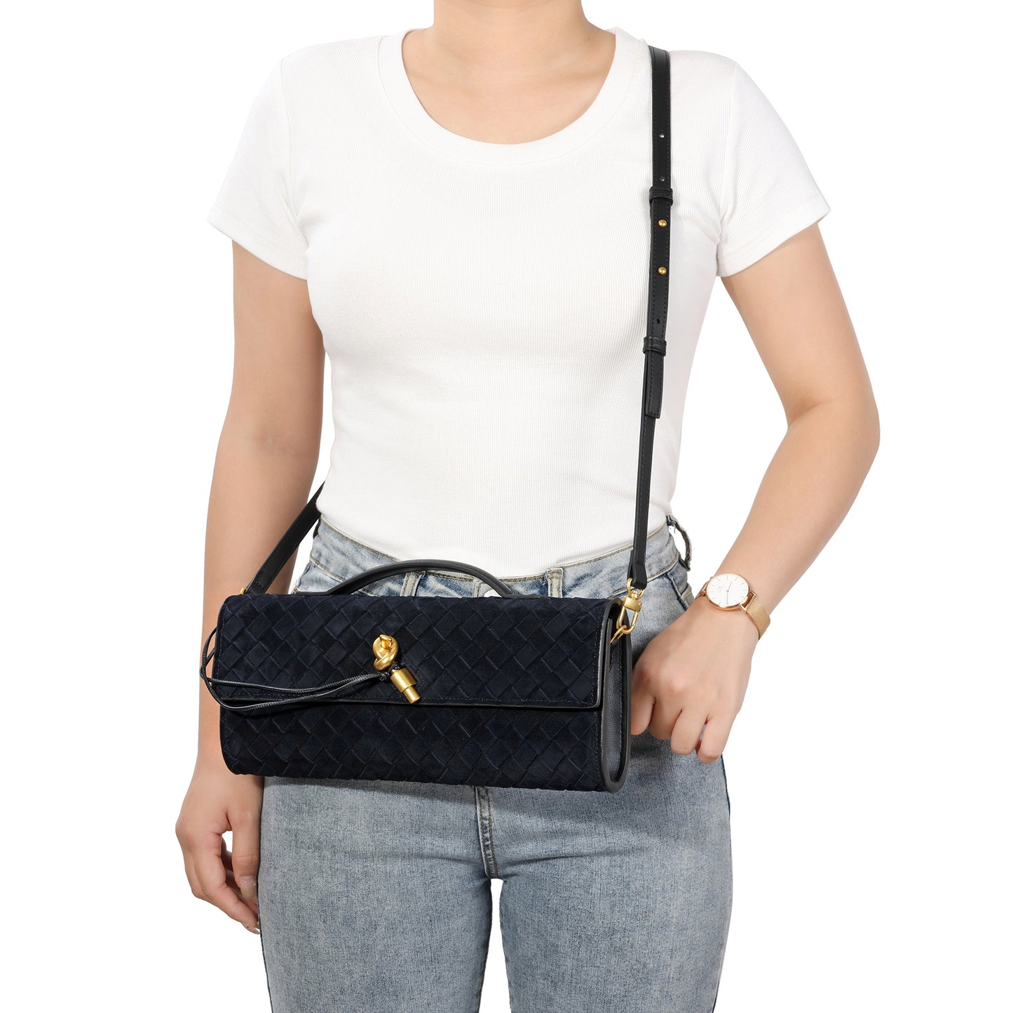 Woven Suede Leather Shoulder Bag with Gold Turn-Lock Accent
