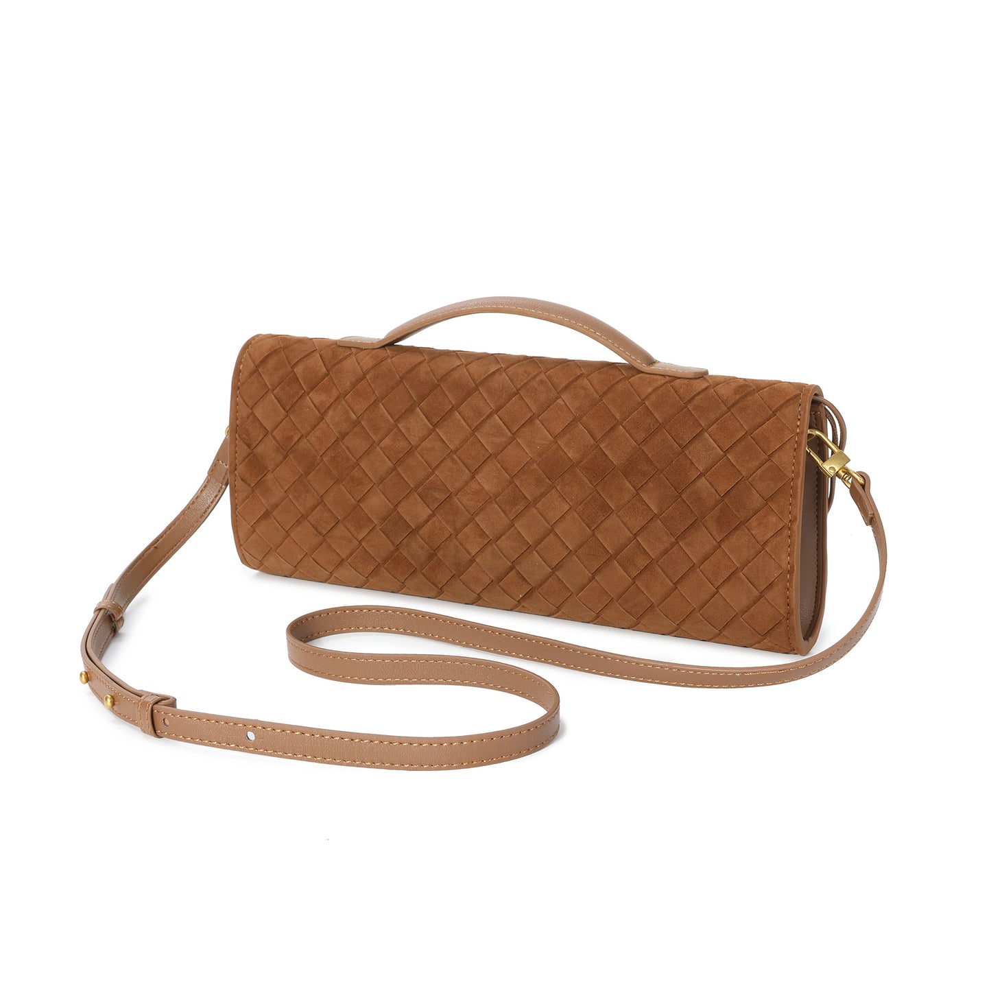 Woven Suede Leather Shoulder Bag with Gold Turn-Lock Accent