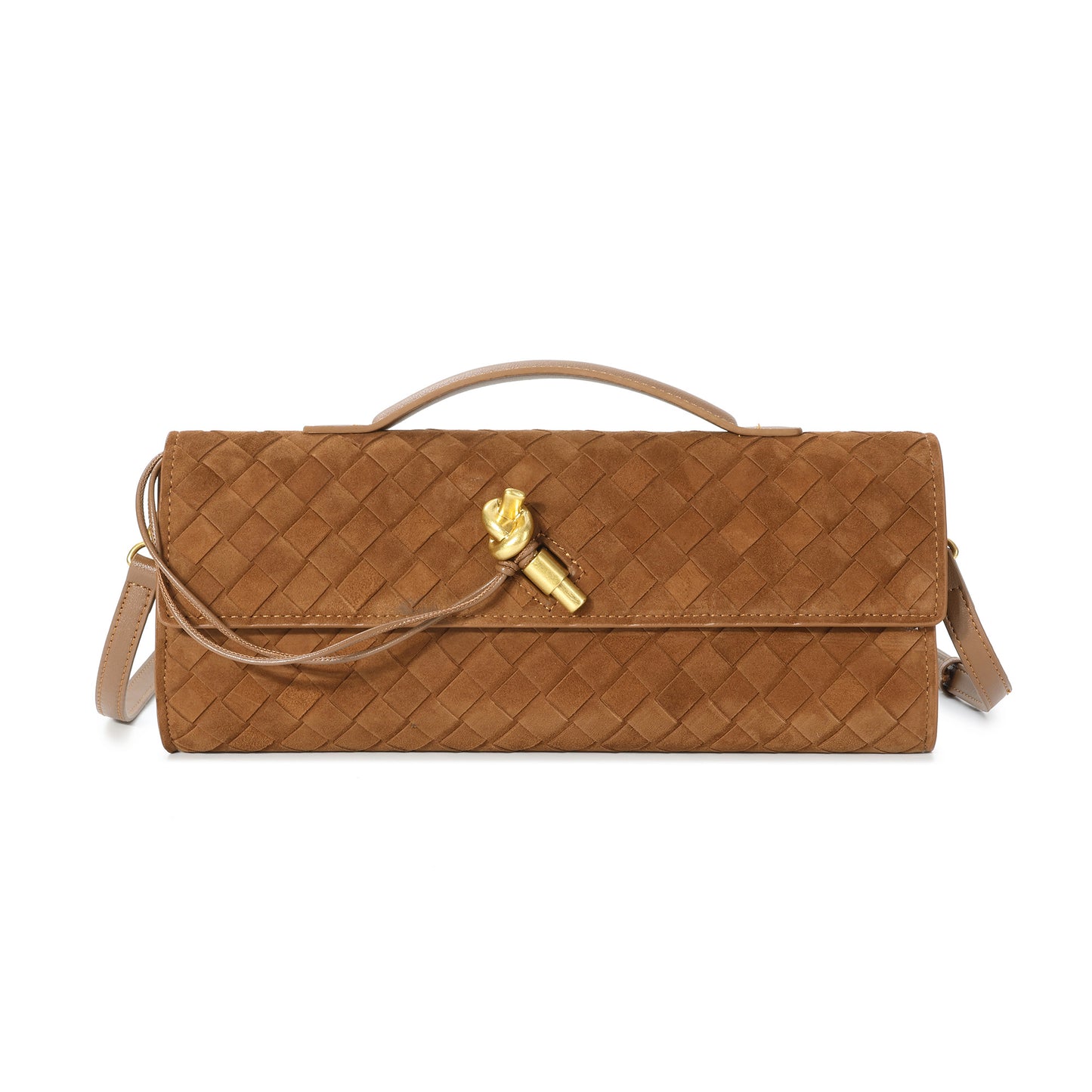 Woven Suede Leather Shoulder Bag with Gold Turn-Lock Accent