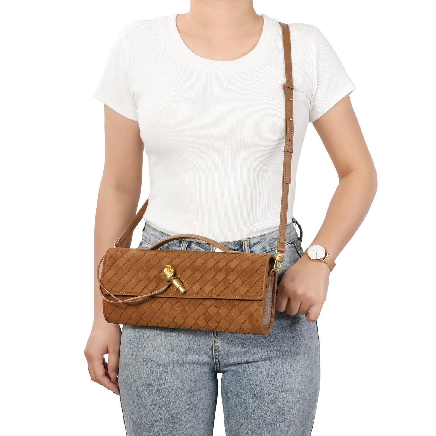 Woven Suede Leather Shoulder Bag with Gold Turn-Lock Accent