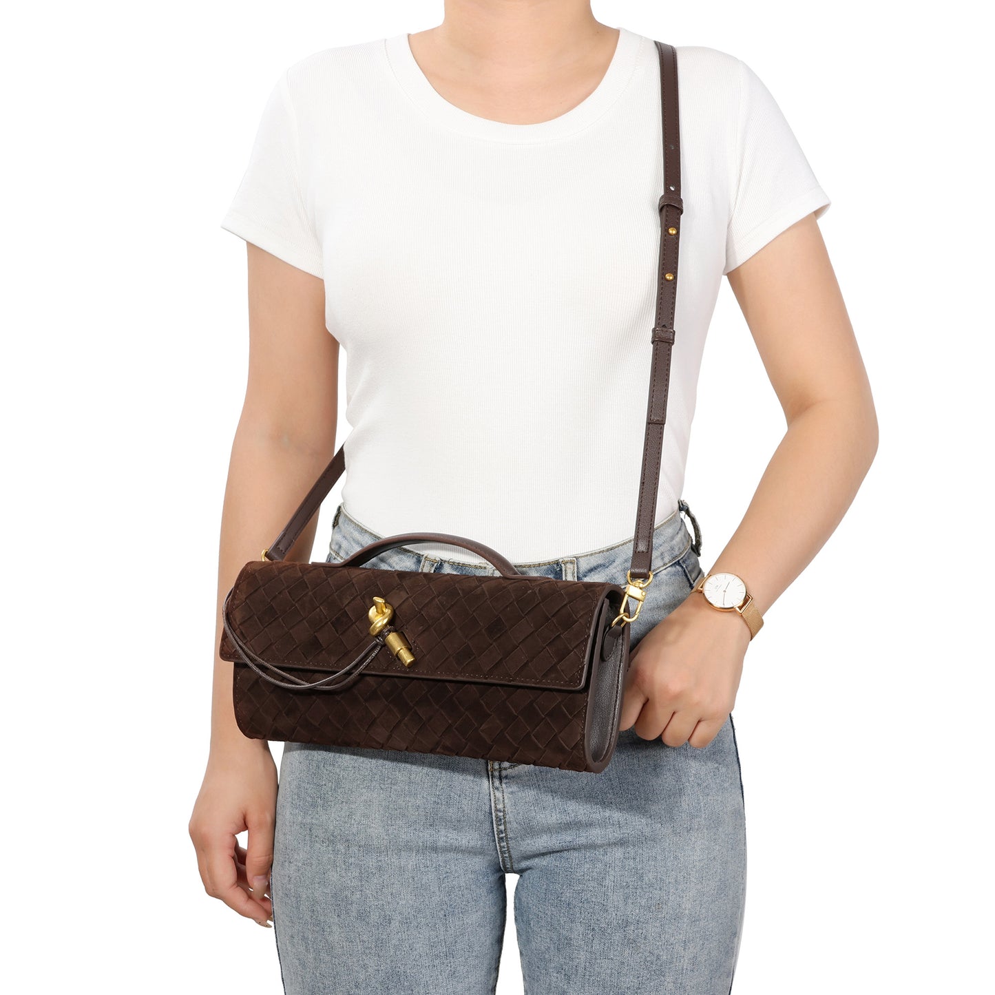 Woven Suede Leather Shoulder Bag with Gold Turn-Lock Accent