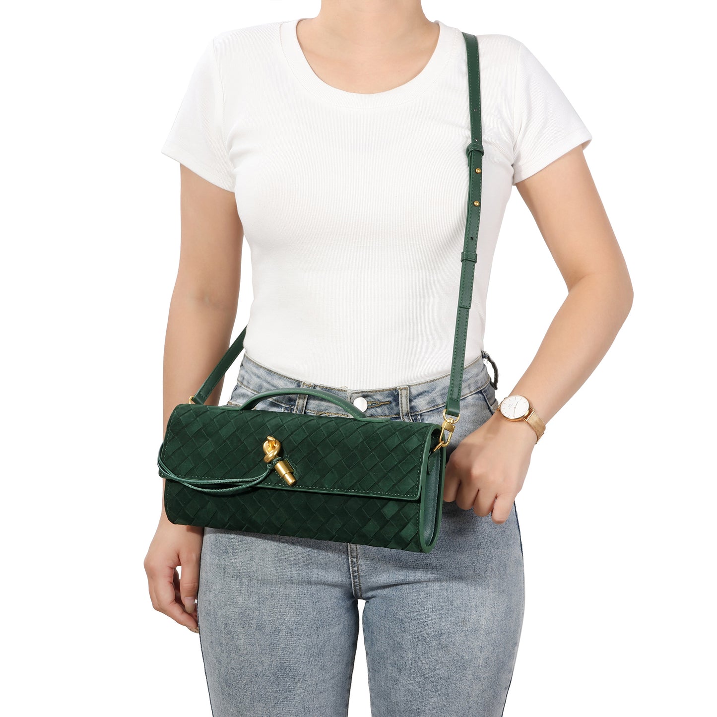 Woven Suede Leather Shoulder Bag with Gold Turn-Lock Accent