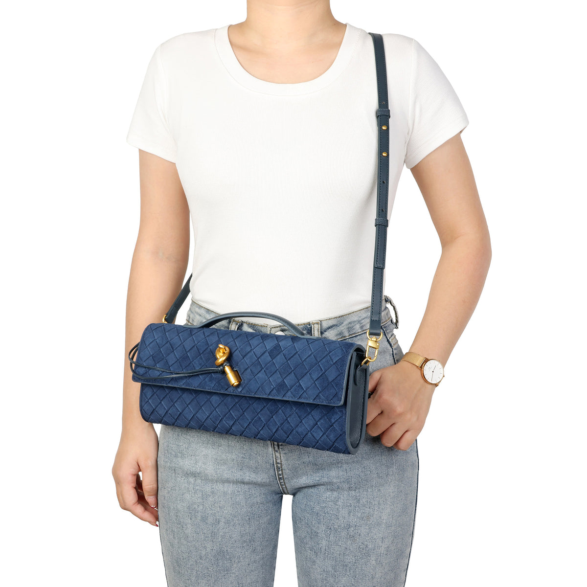 Woven Suede Leather Shoulder Bag with Gold Turn-Lock Accent