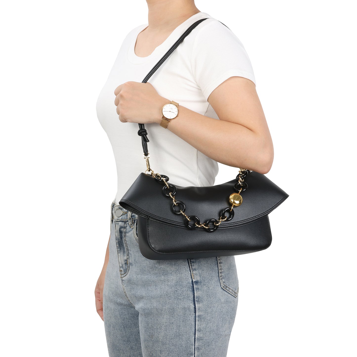 Lambskin Leather Shoulder Bag with Resin Chain Detail