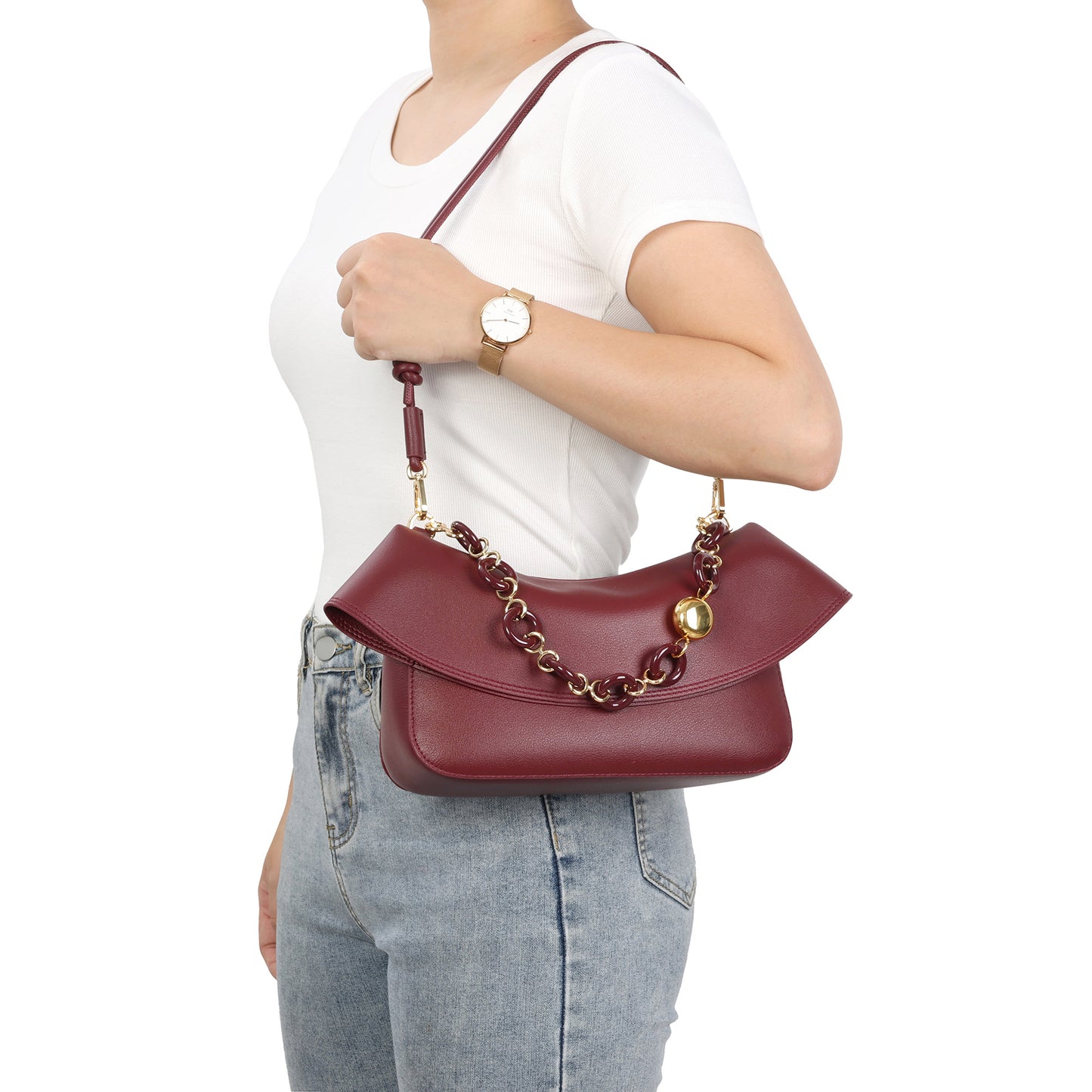 Lambskin Leather Shoulder Bag with Resin Chain Detail
