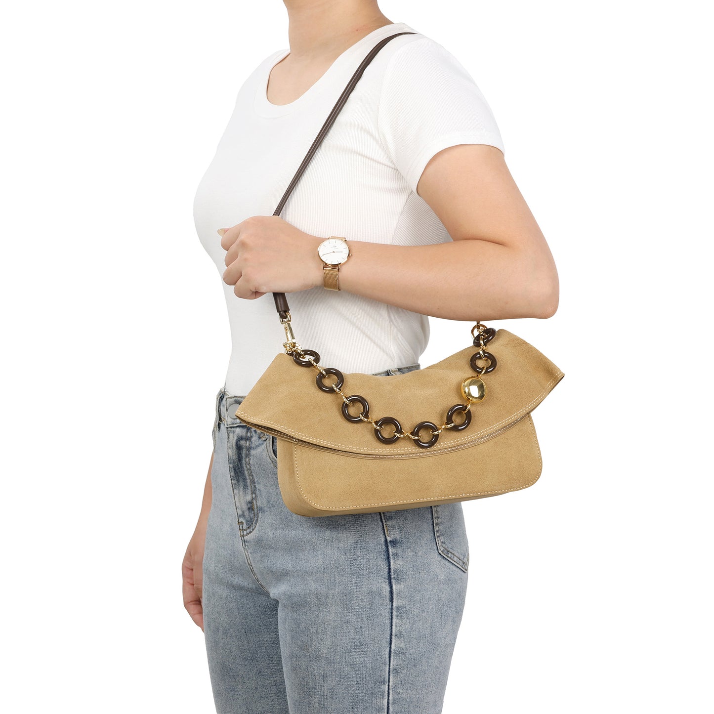 Lambskin Leather Shoulder Bag with Resin Chain Detail