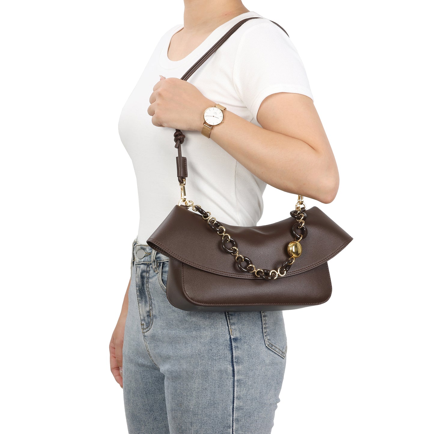 Lambskin Leather Shoulder Bag with Resin Chain Detail