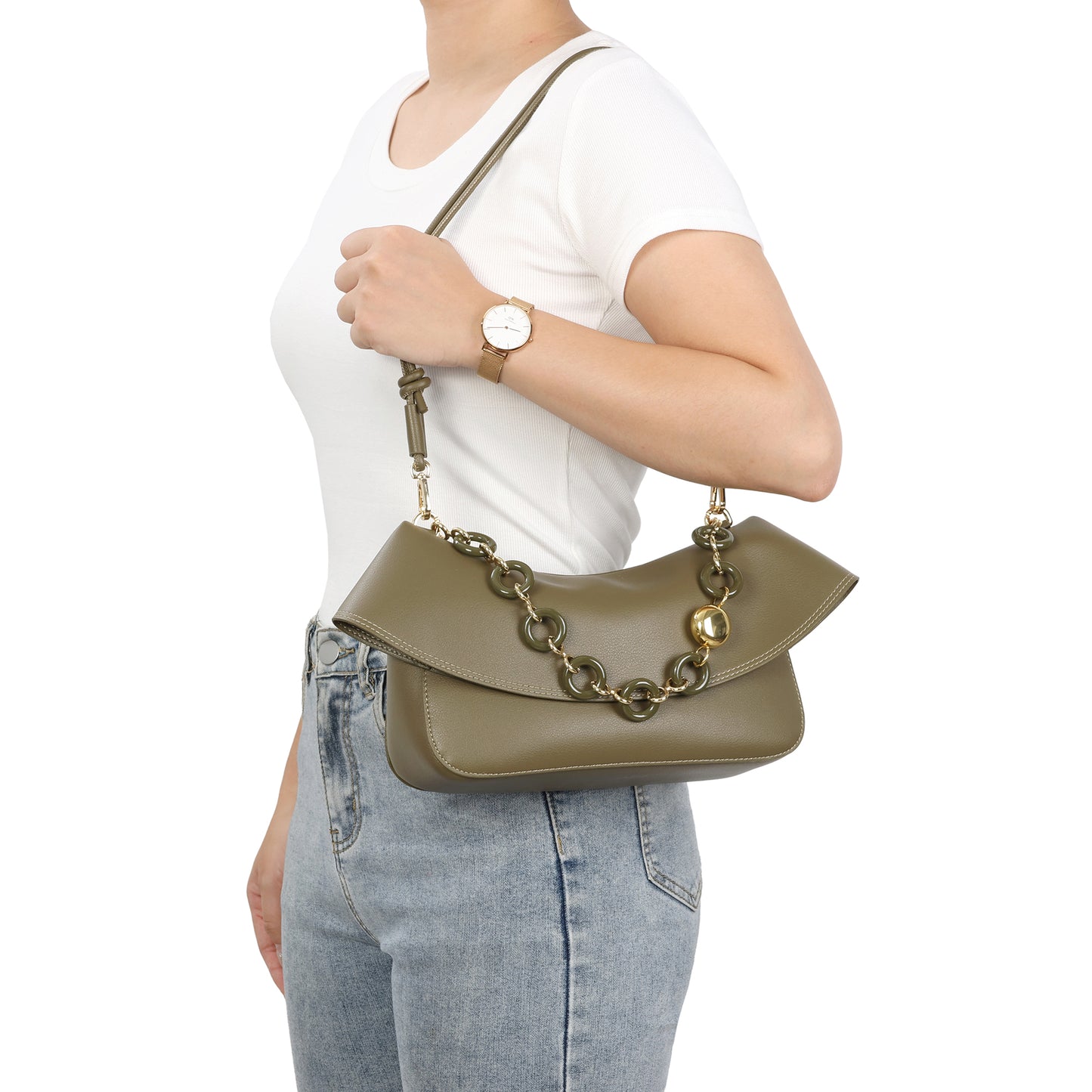 Lambskin Leather Shoulder Bag with Resin Chain Detail