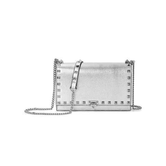 Metallic Leather Mini Flap Bag/Clutch with Pyramid Stud Trim