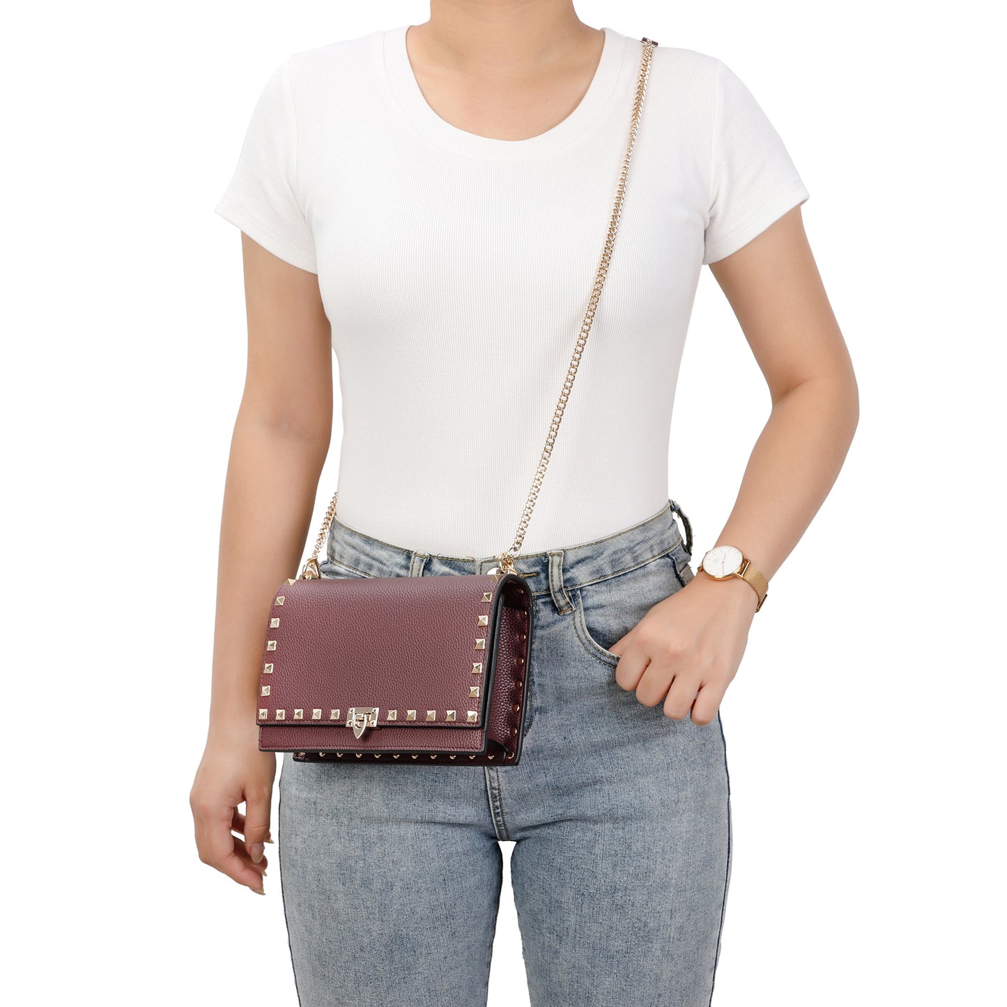 Metallic Leather Mini Flap Bag/Clutch with Pyramid Stud Trim