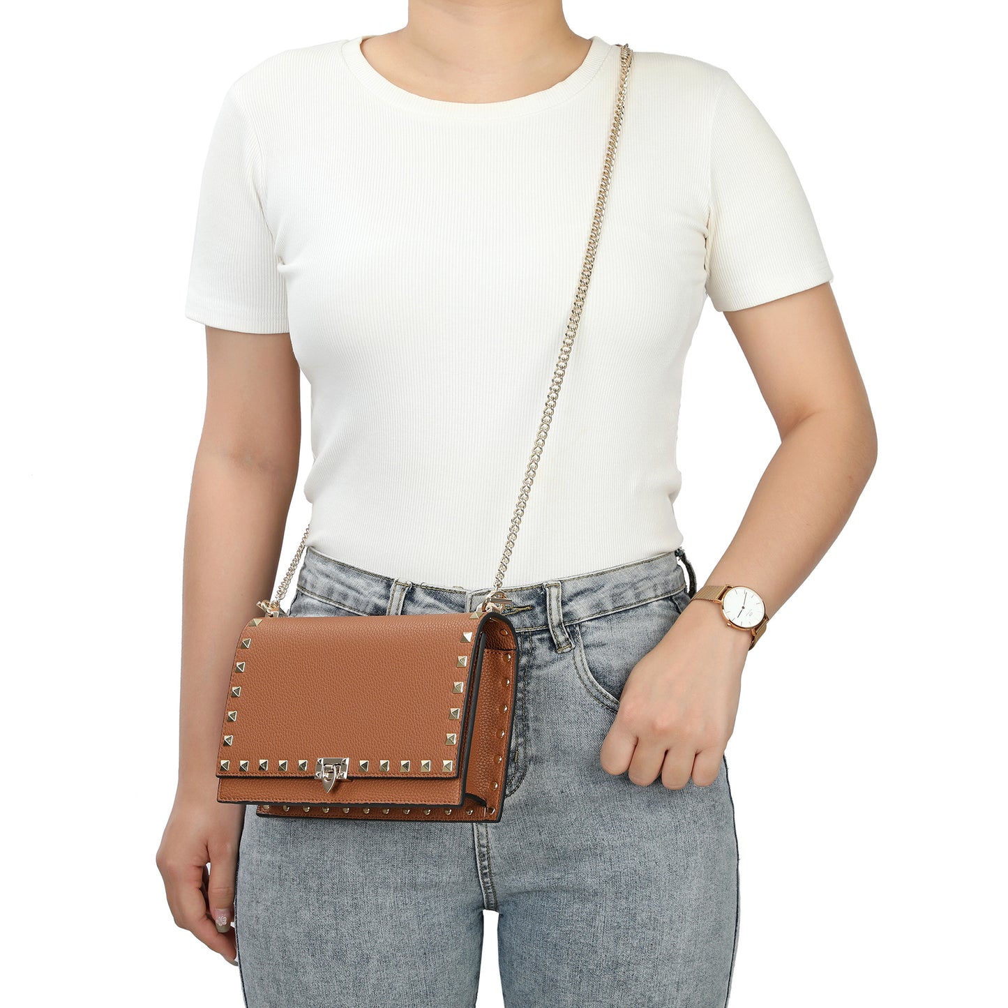 Metallic Leather Mini Flap Bag/Clutch with Pyramid Stud Trim