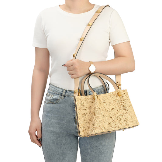 Lace Raffia Structured Tote with Pyramid Stud Strap