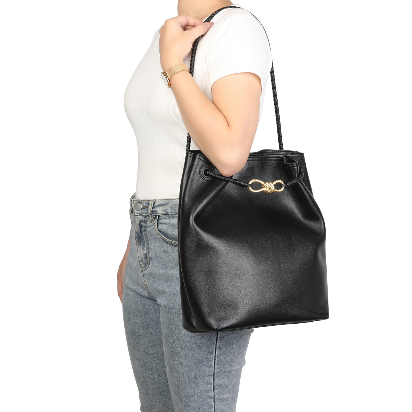 Top-Grain Leather Bucket Bag with Braided Handles