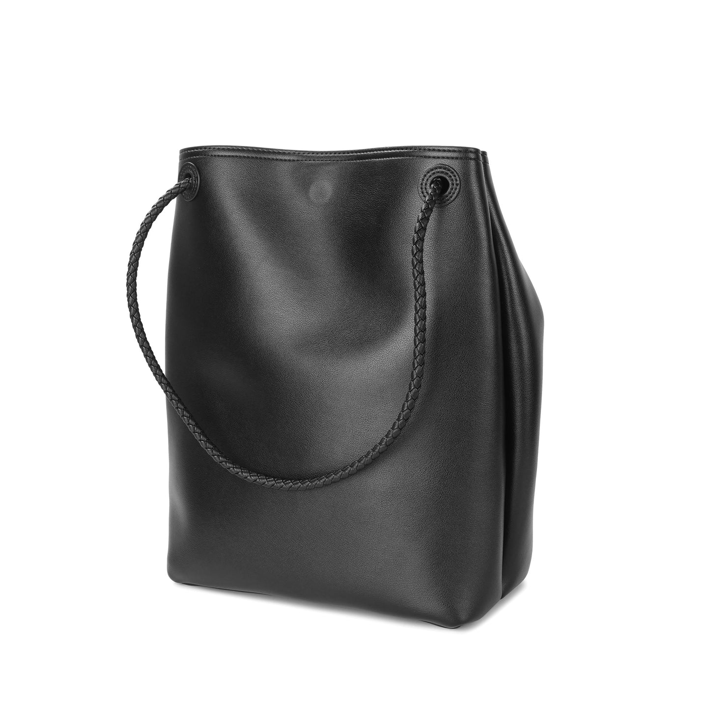 Top-Grain Leather Bucket Bag with Braided Handles