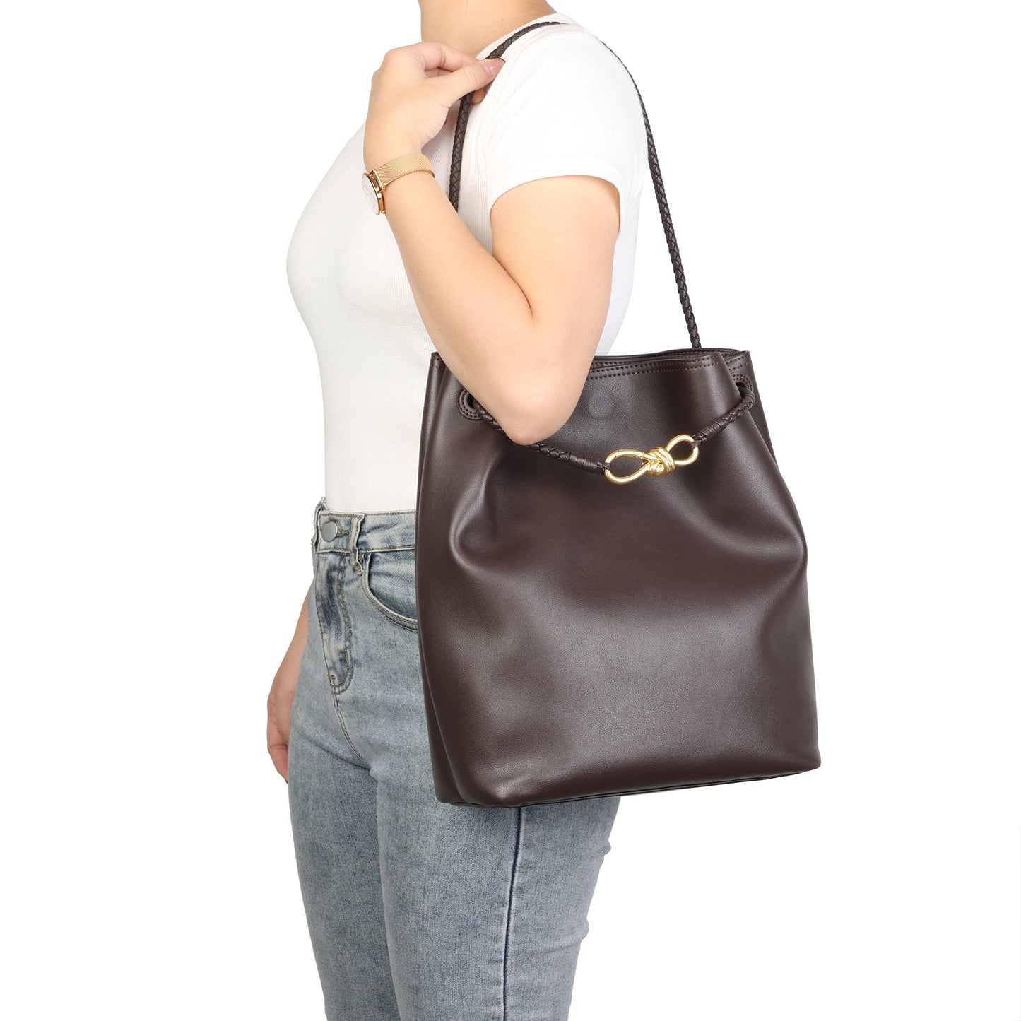 Top-Grain Leather Bucket Bag with Braided Handles