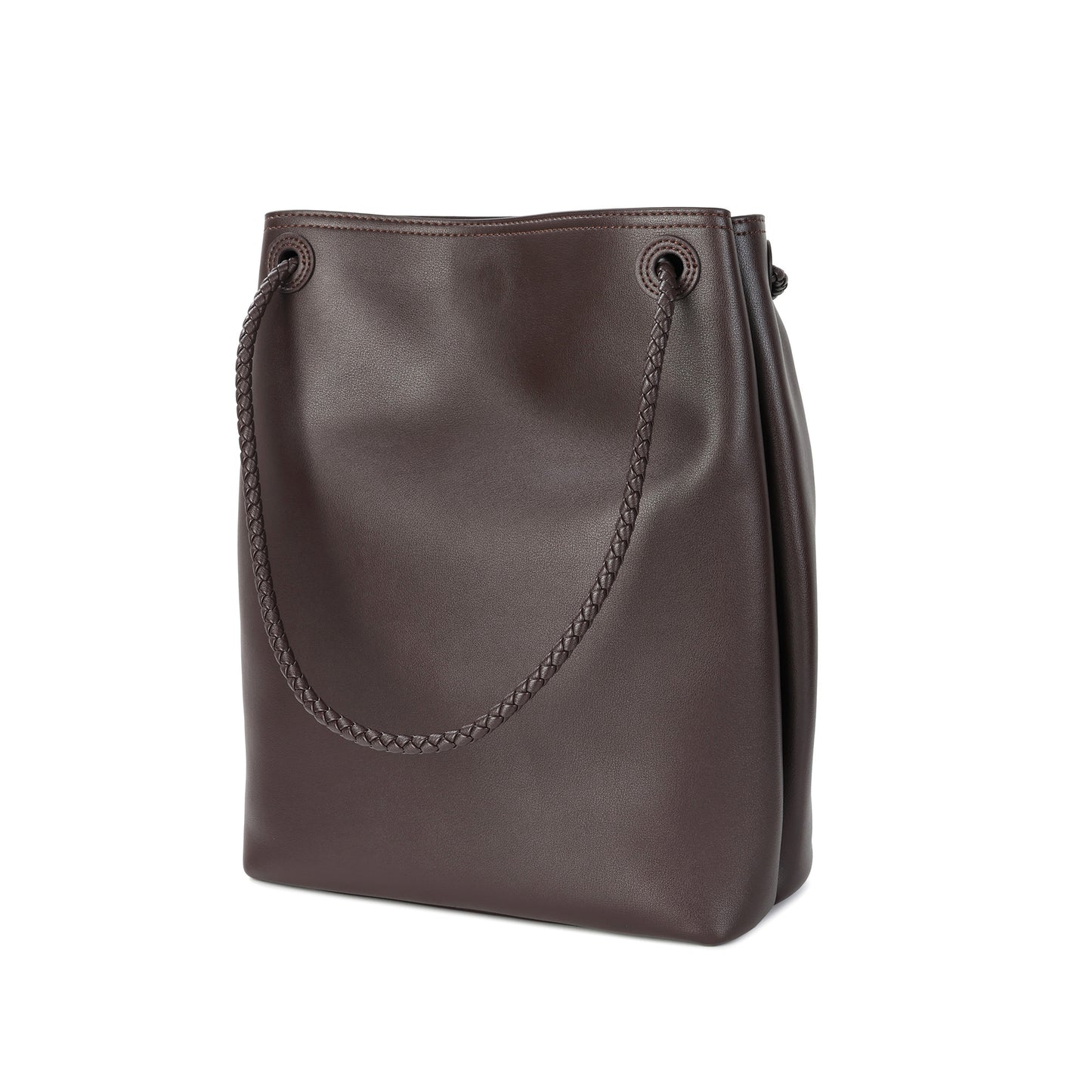 Top-Grain Leather Bucket Bag with Braided Handles