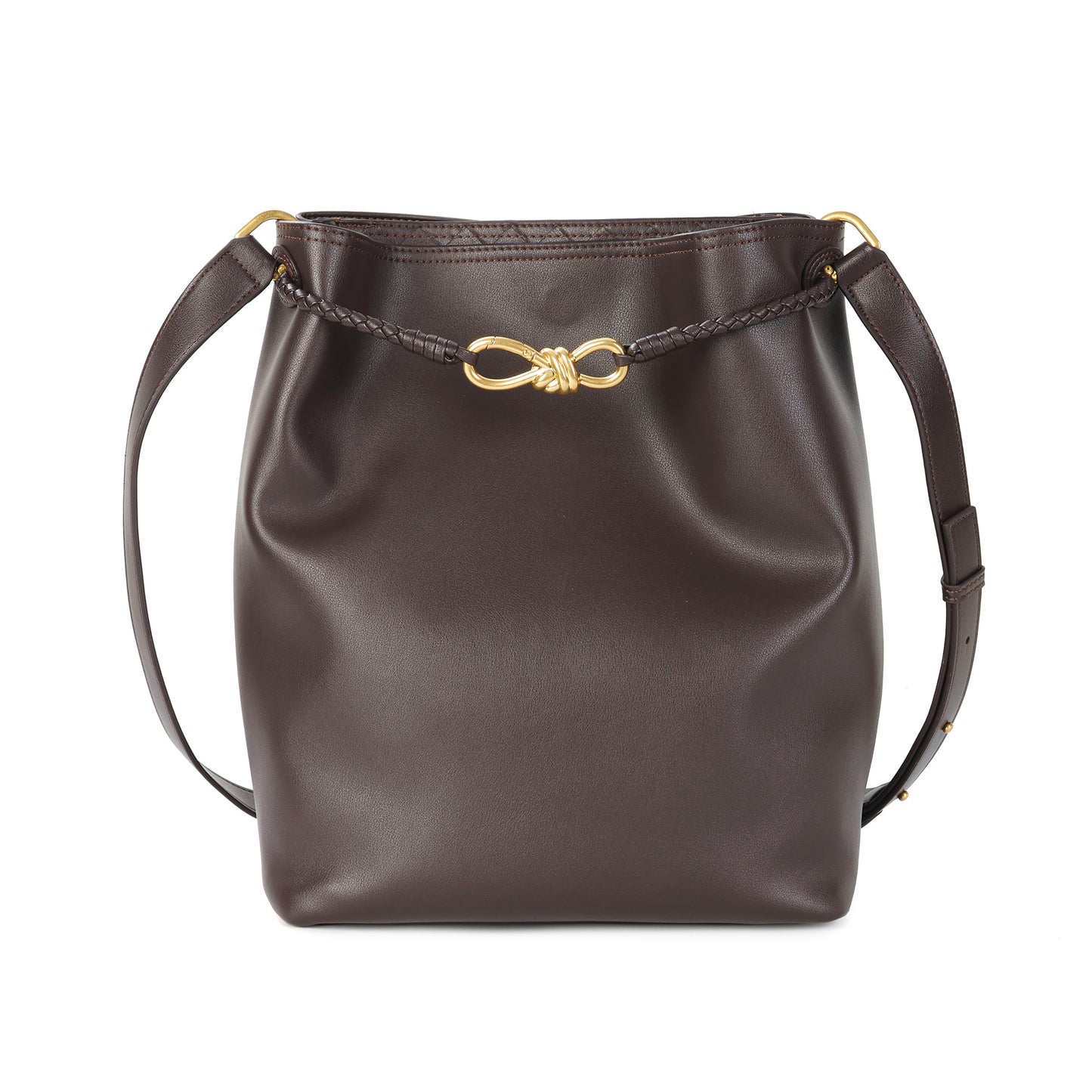 Top-Grain Leather Bucket Bag with Braided Handles