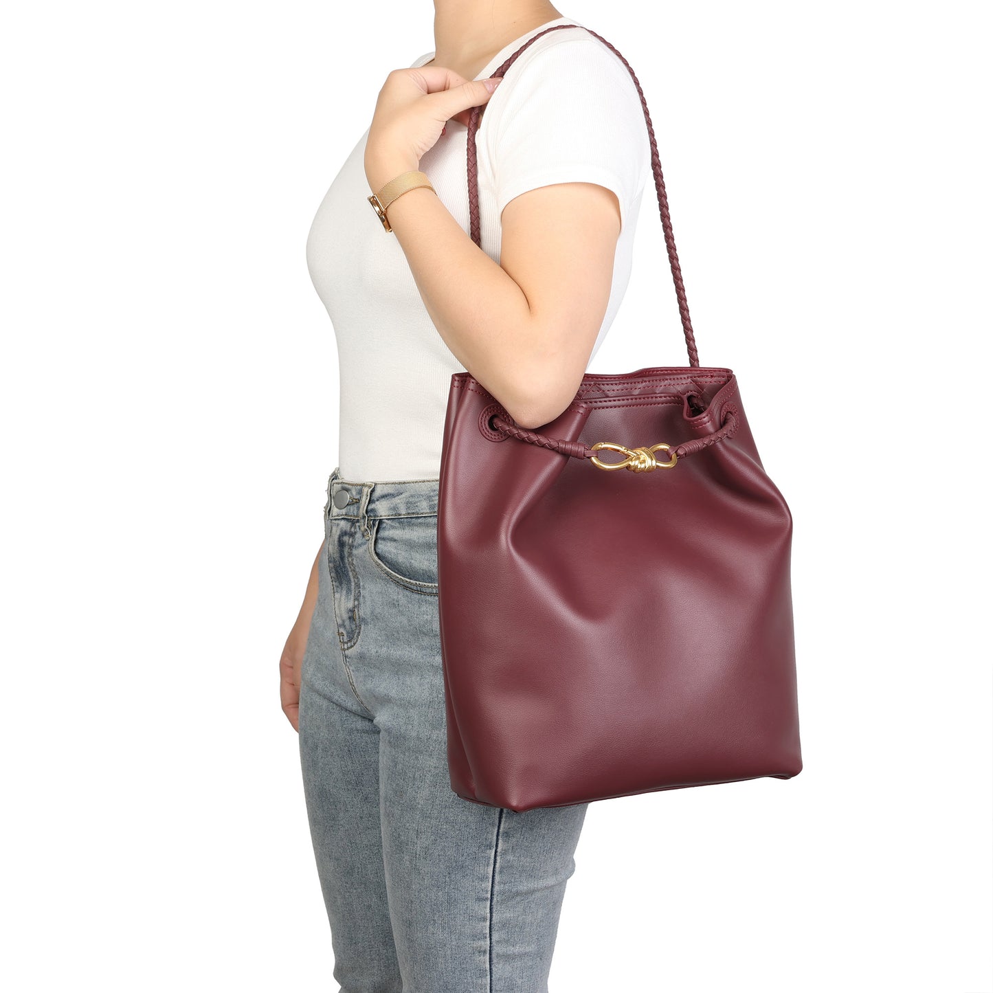 Top-Grain Leather Bucket Bag with Braided Handles