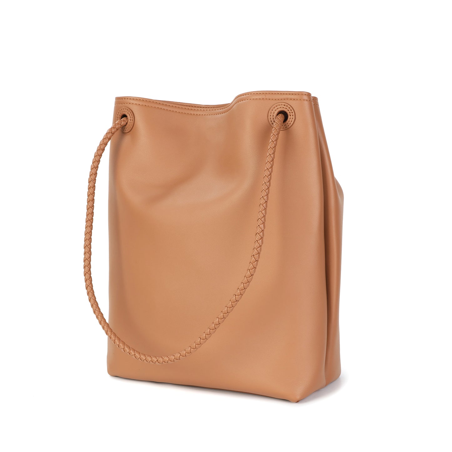 Top-Grain Leather Bucket Bag with Braided Handles