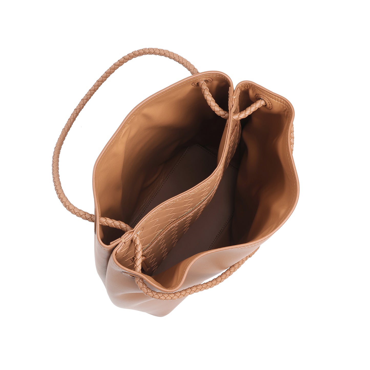 Top-Grain Leather Bucket Bag with Braided Handles