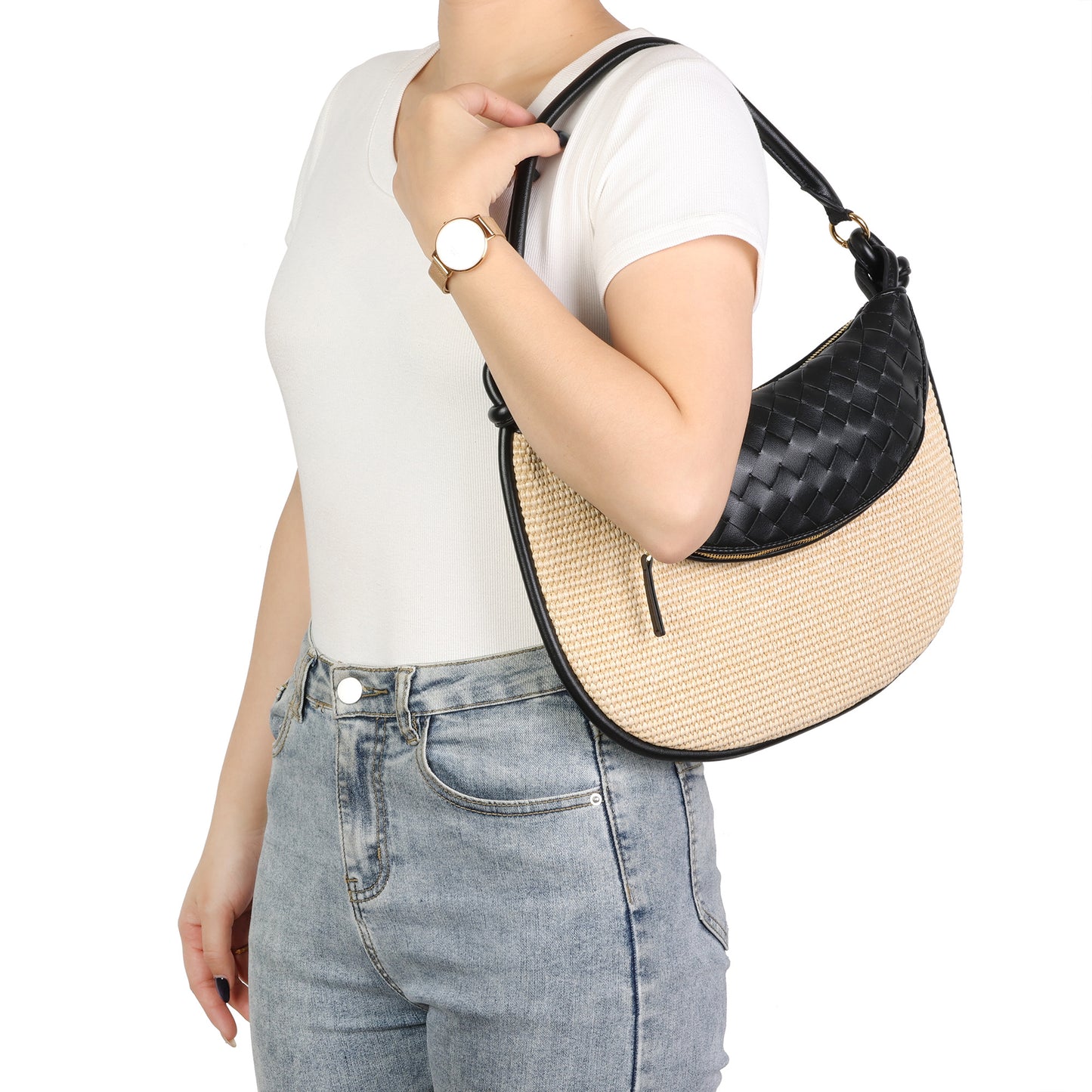 Woven Leather & Raffia Crescent Shoulder Bag