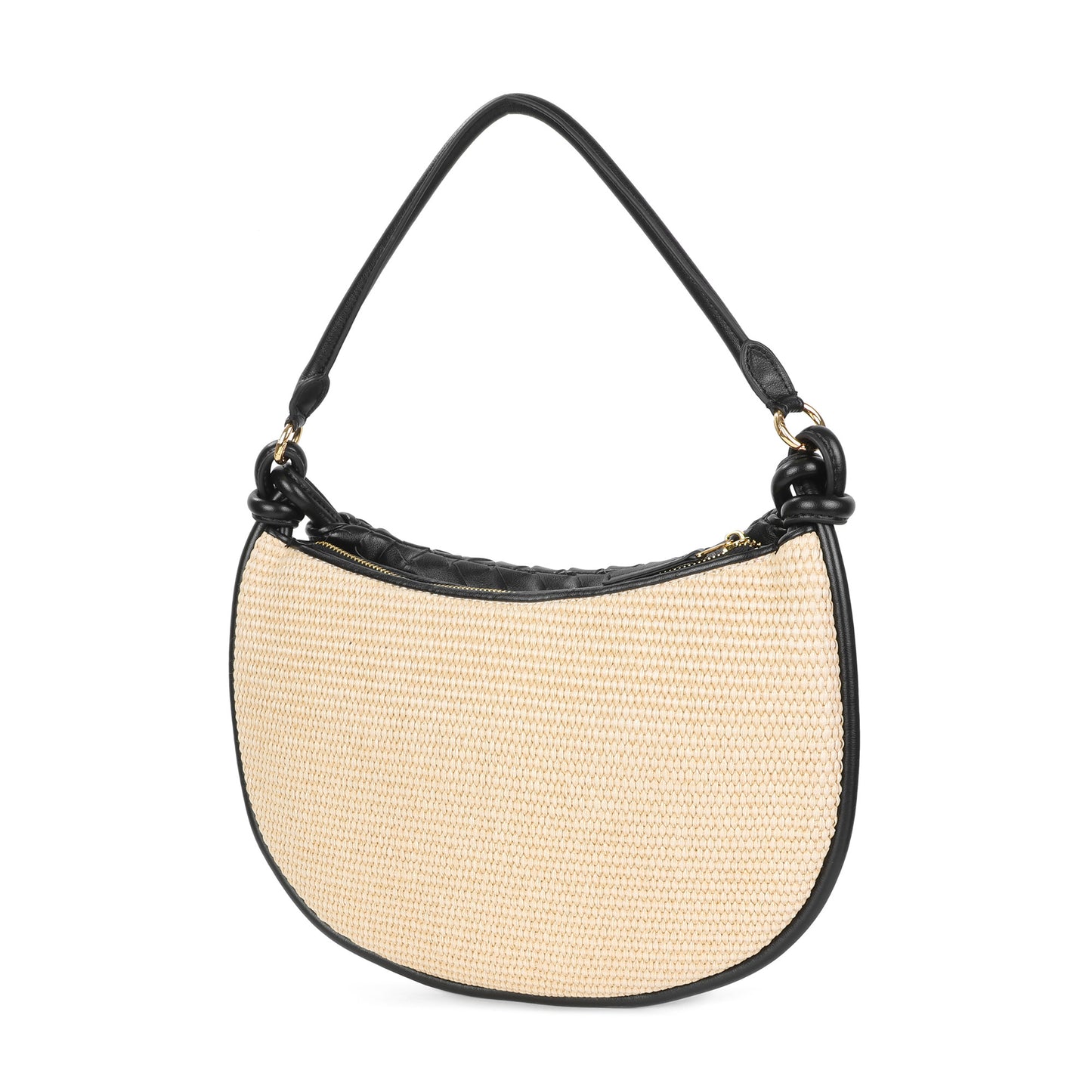Woven Leather & Raffia Crescent Shoulder Bag