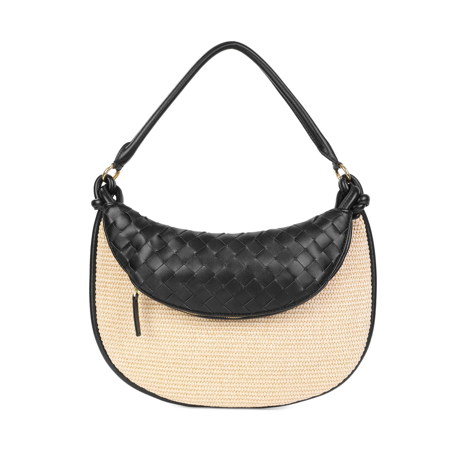 Woven Leather & Raffia Crescent Shoulder Bag