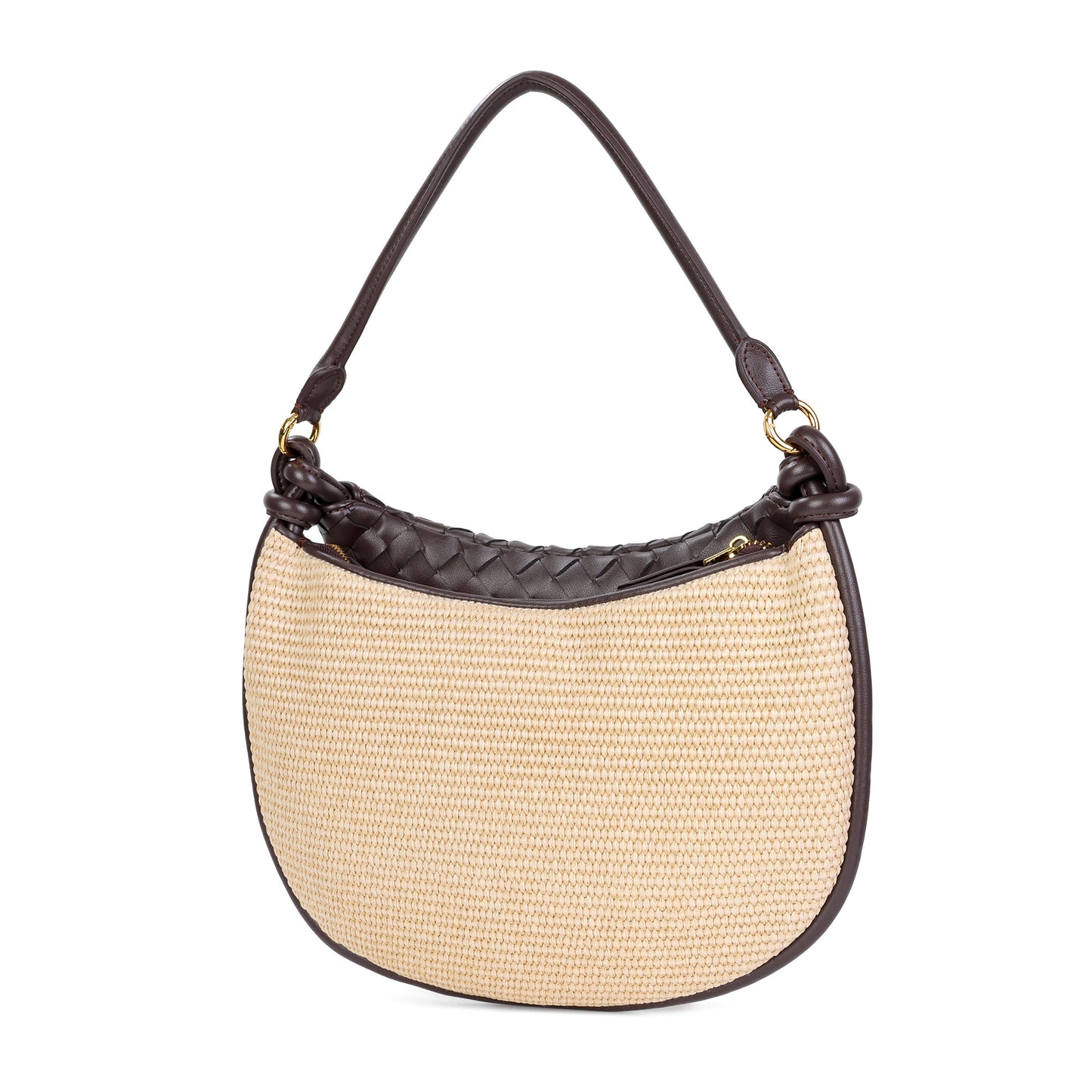 Woven Leather & Raffia Crescent Shoulder Bag