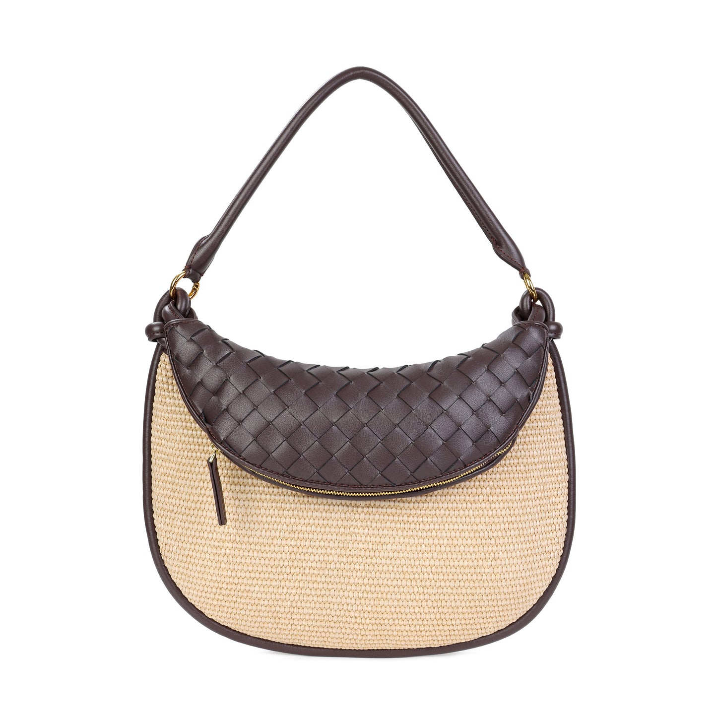 Woven Leather & Raffia Crescent Shoulder Bag