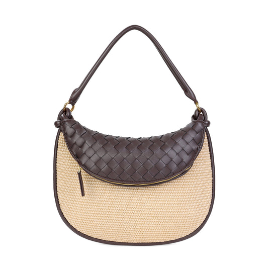 Woven Leather & Raffia Crescent Shoulder Bag
