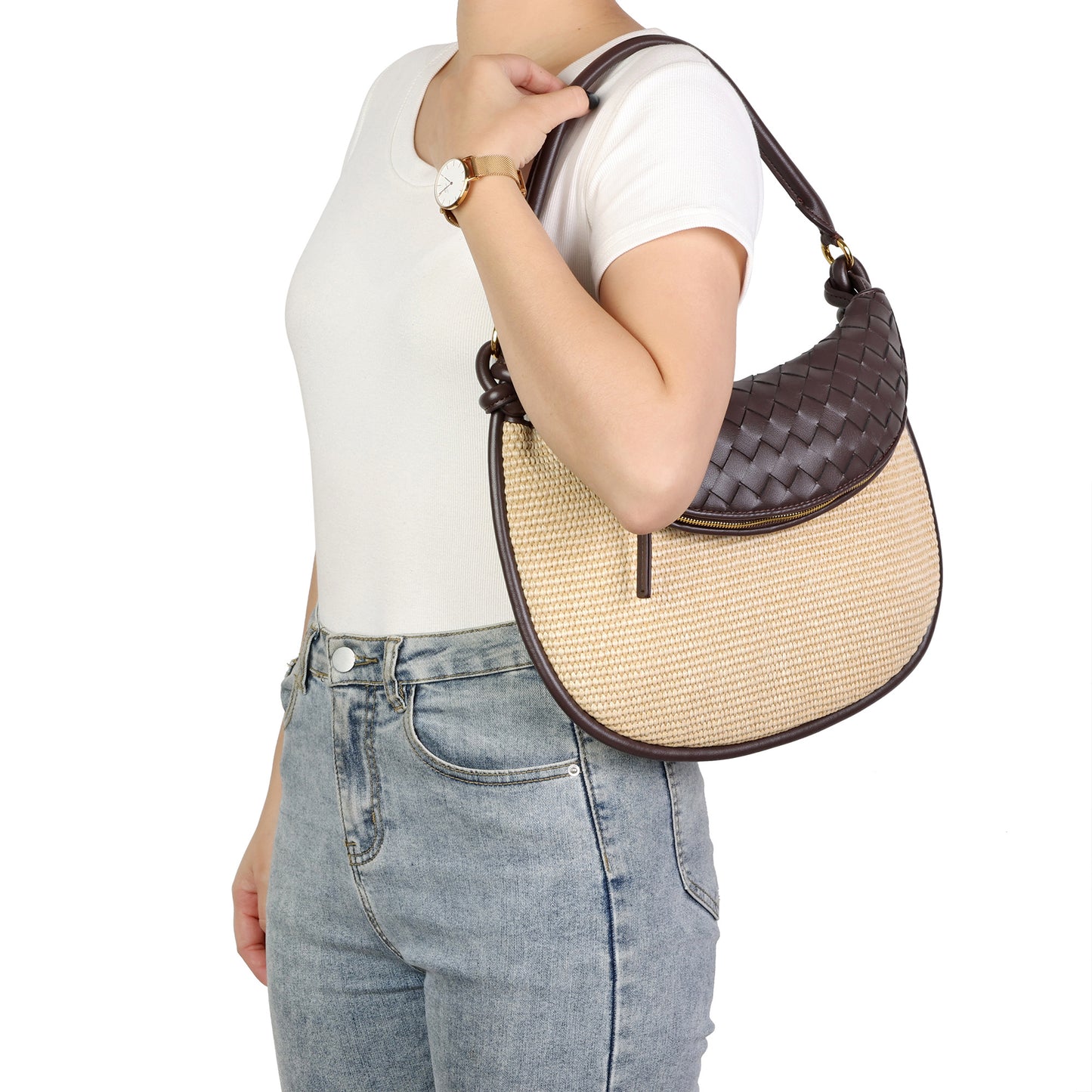 Woven Leather & Raffia Crescent Shoulder Bag