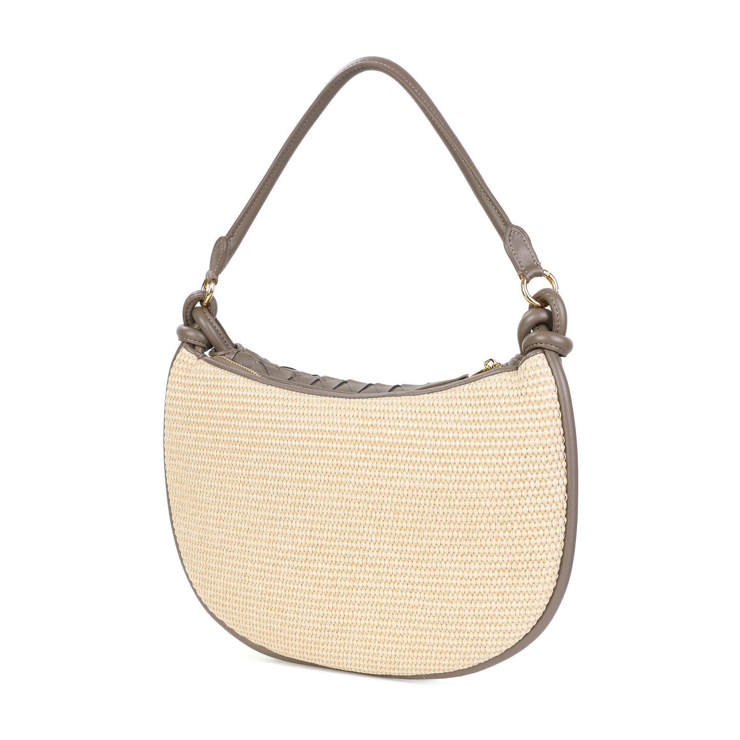 Woven Leather & Raffia Crescent Shoulder Bag
