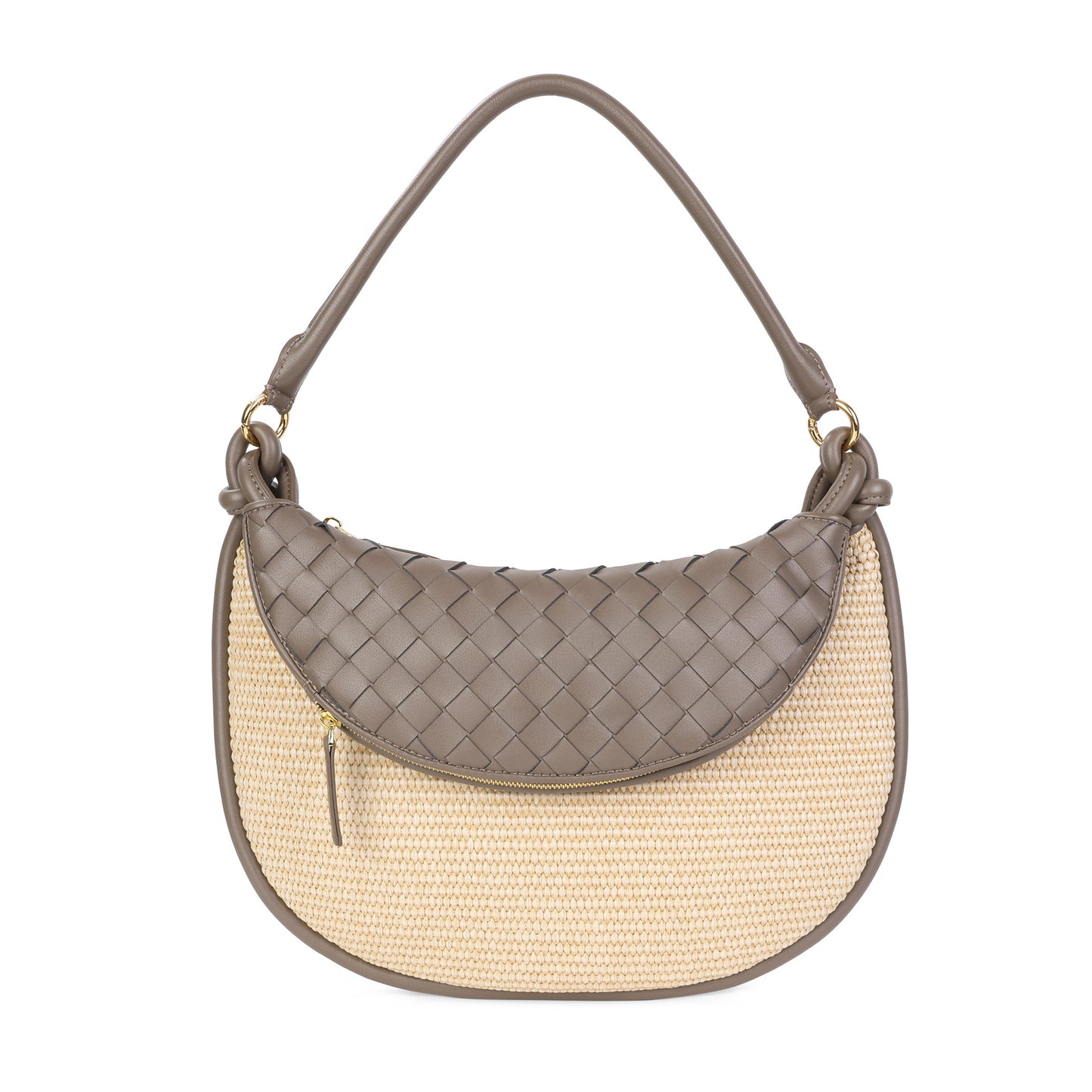 Woven Leather & Raffia Crescent Shoulder Bag