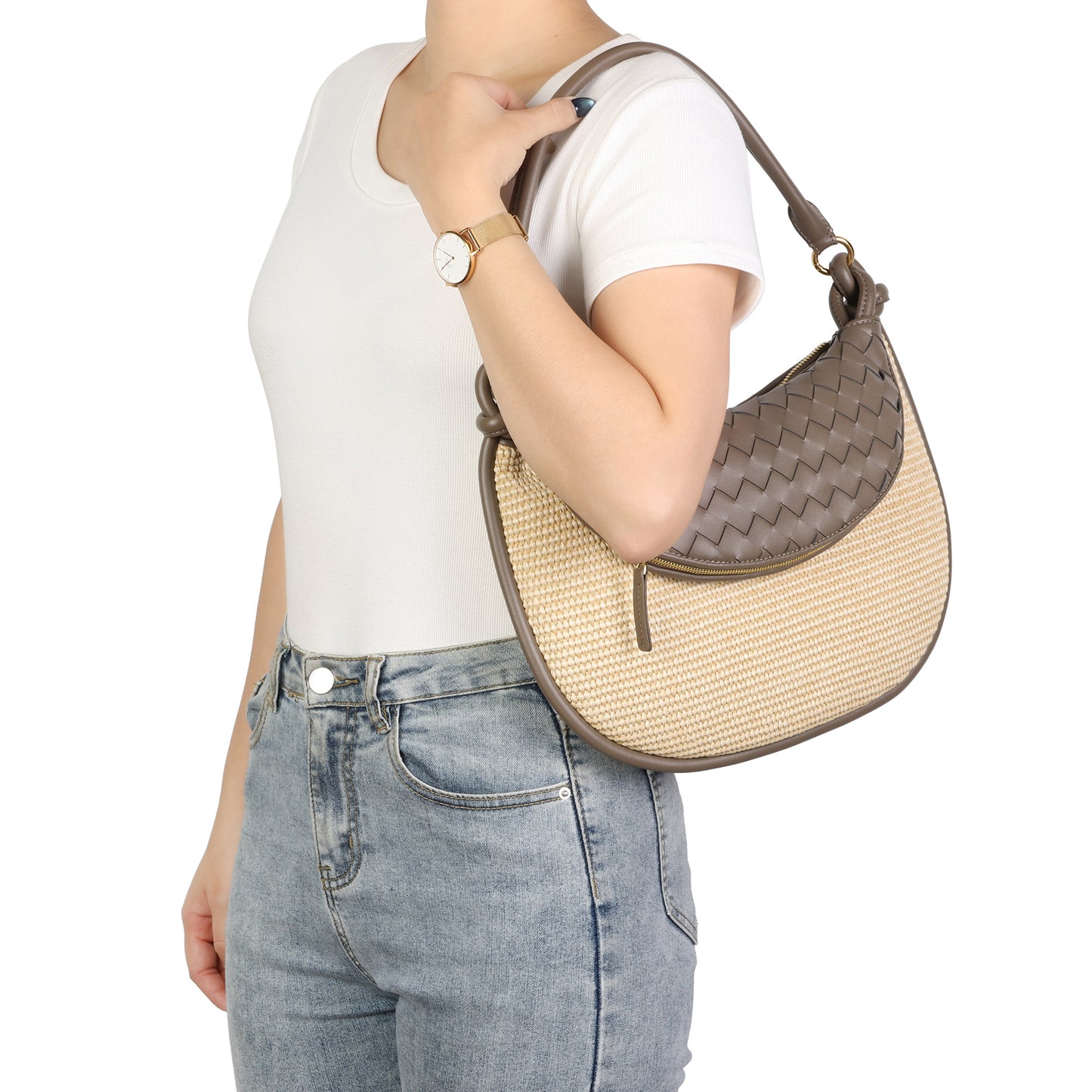Woven Leather & Raffia Crescent Shoulder Bag