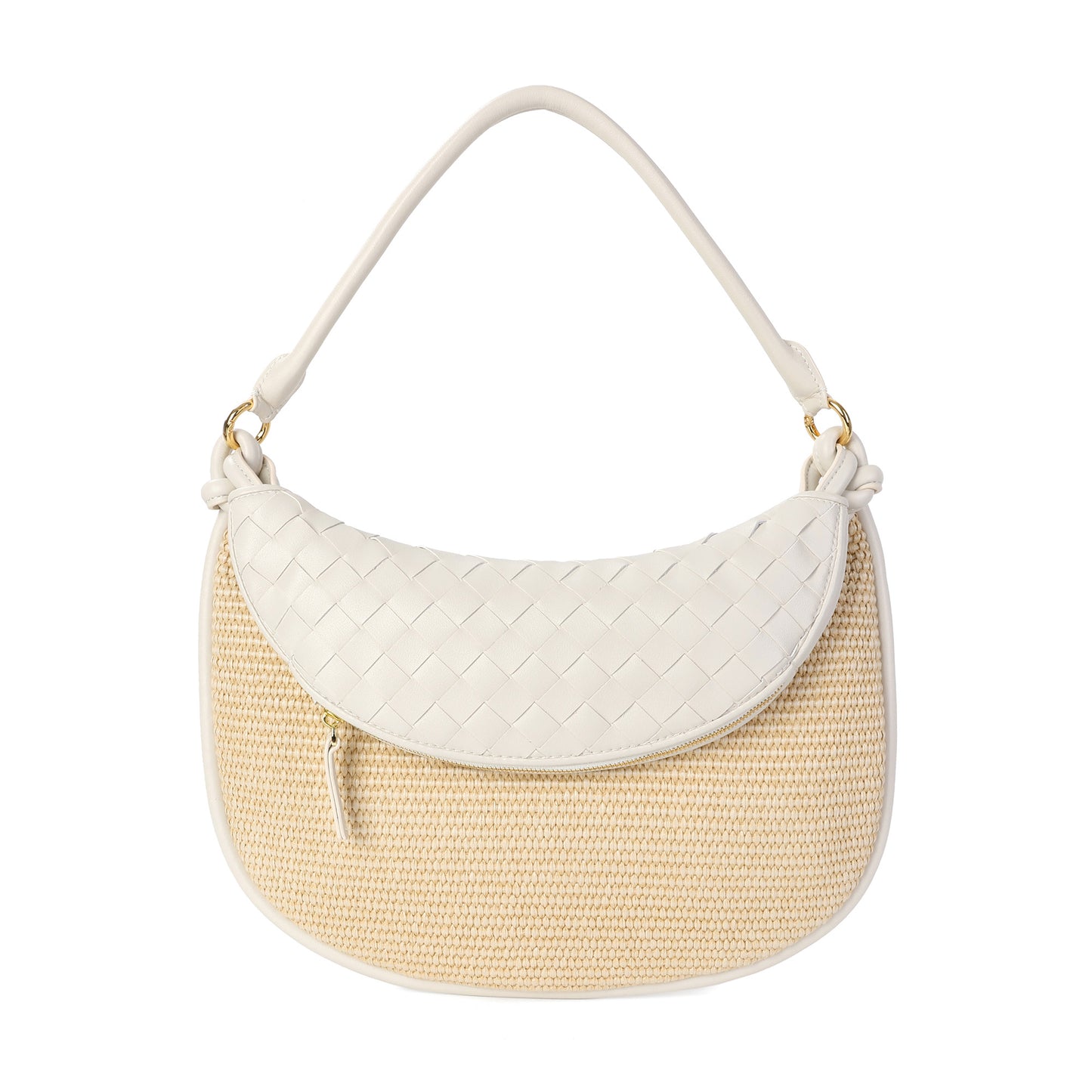 Woven Leather & Raffia Crescent Shoulder Bag