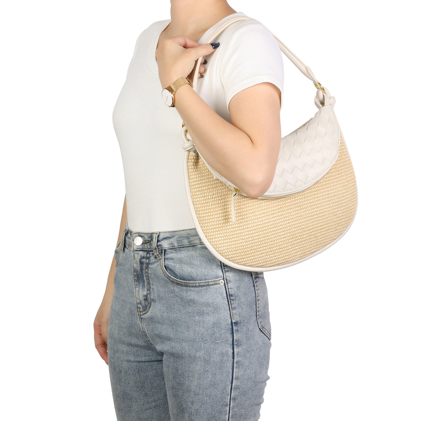 Woven Leather & Raffia Crescent Shoulder Bag