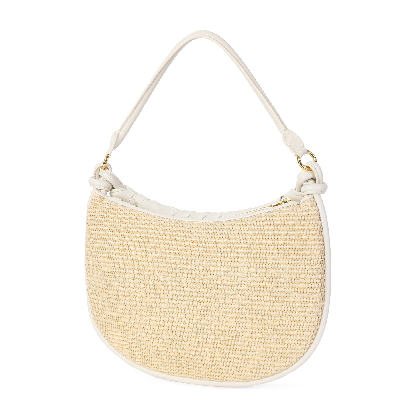 Woven Leather & Raffia Crescent Shoulder Bag