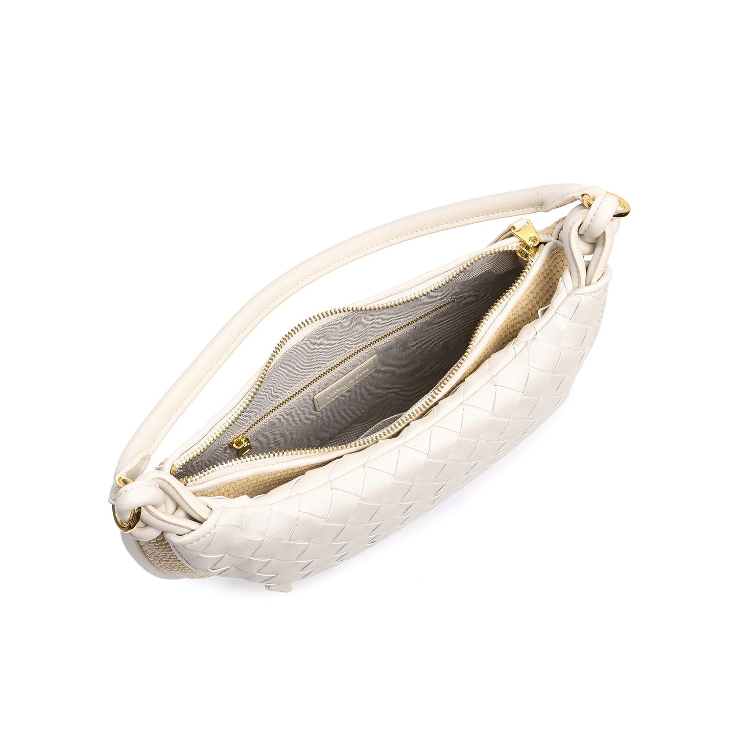 Woven Leather & Raffia Crescent Shoulder Bag