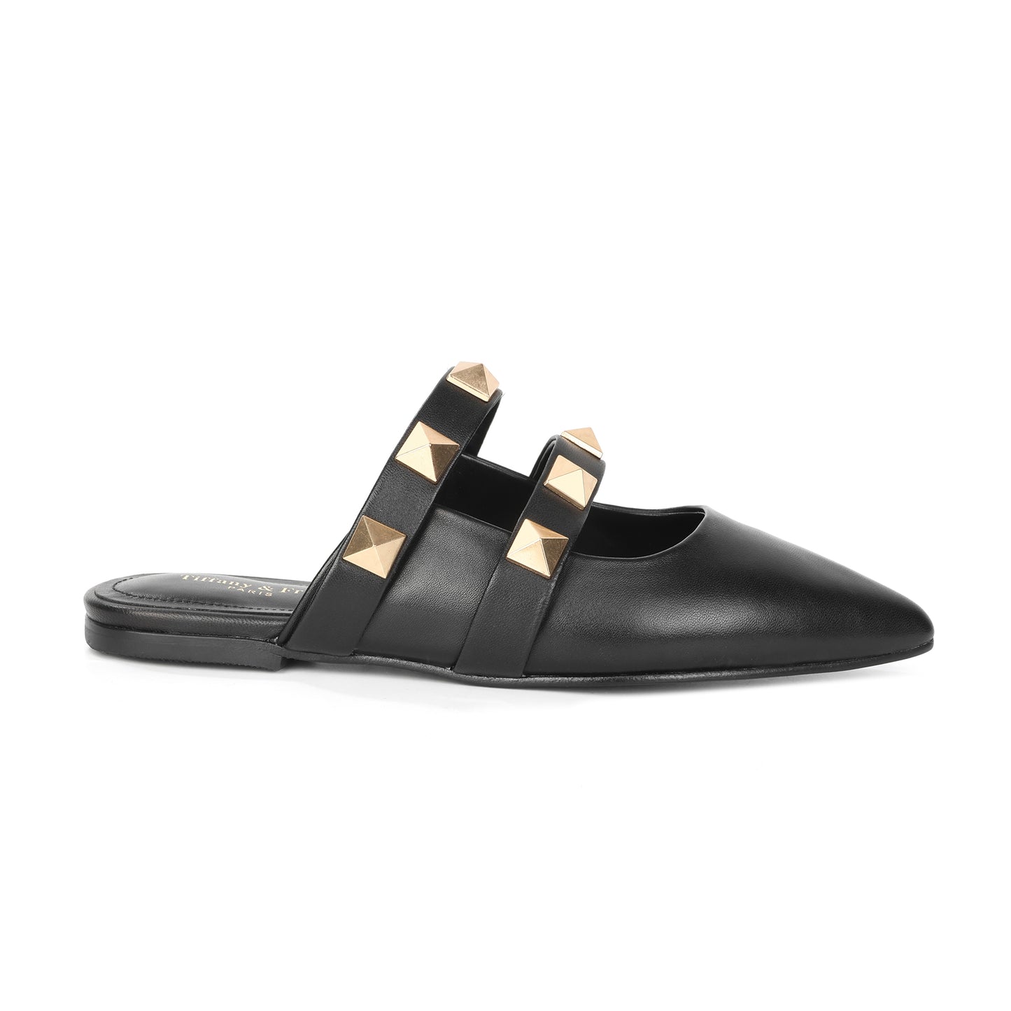 Black Leather Mule Flats with Studded Double Strap