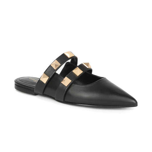 Black Leather Mule Flats with Studded Double Strap