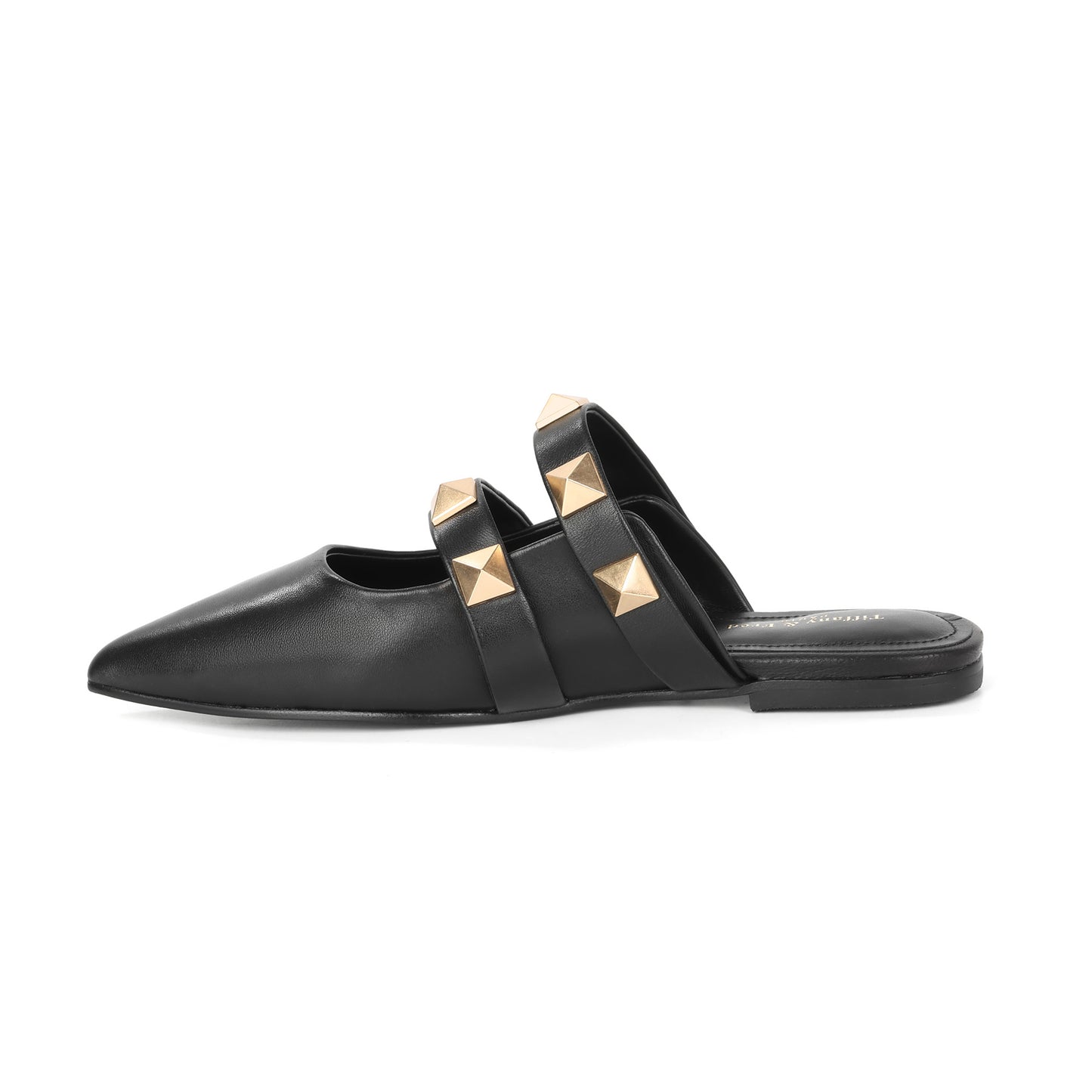 Black Leather Mule Flats with Studded Double Strap