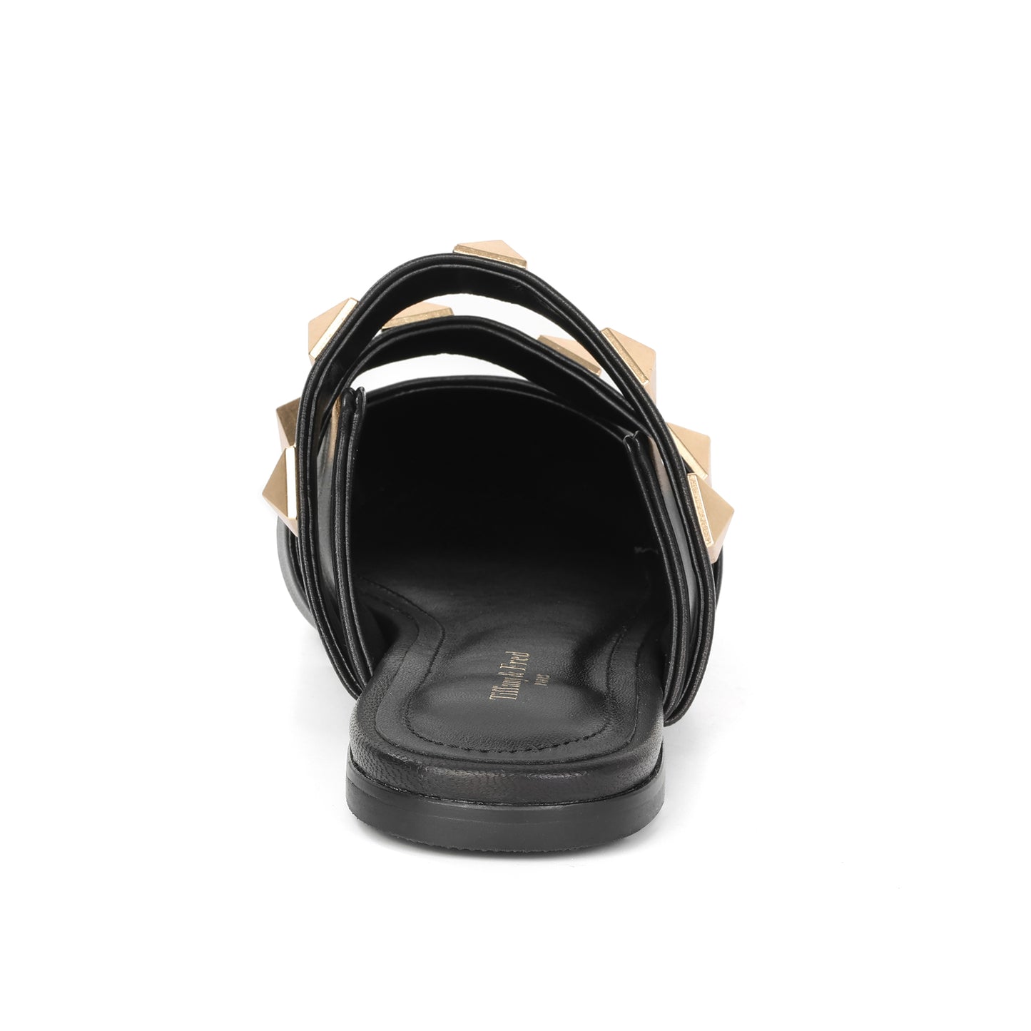 Black Leather Mule Flats with Studded Double Strap