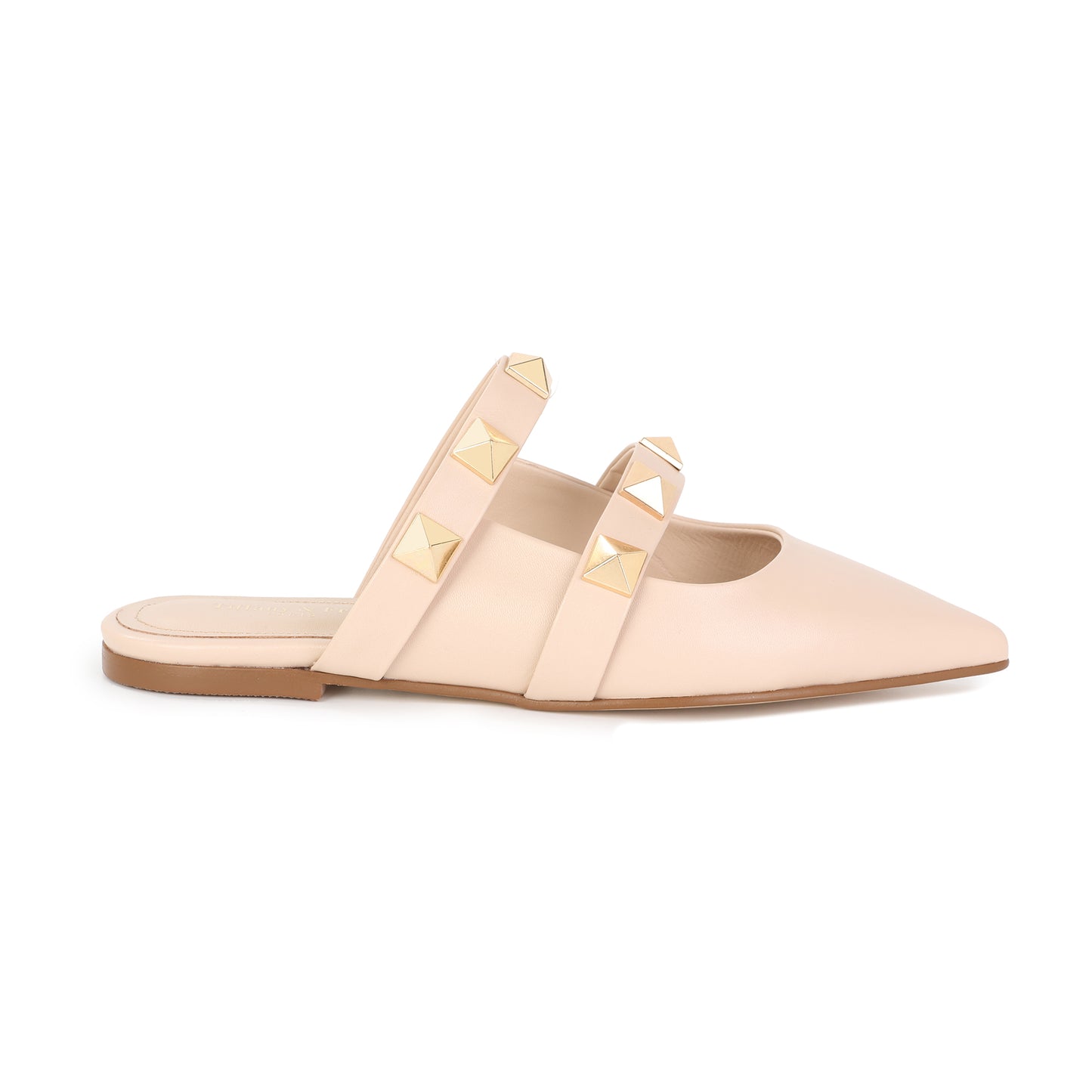 Beige Leather Mule Flats with Studded Double Strap