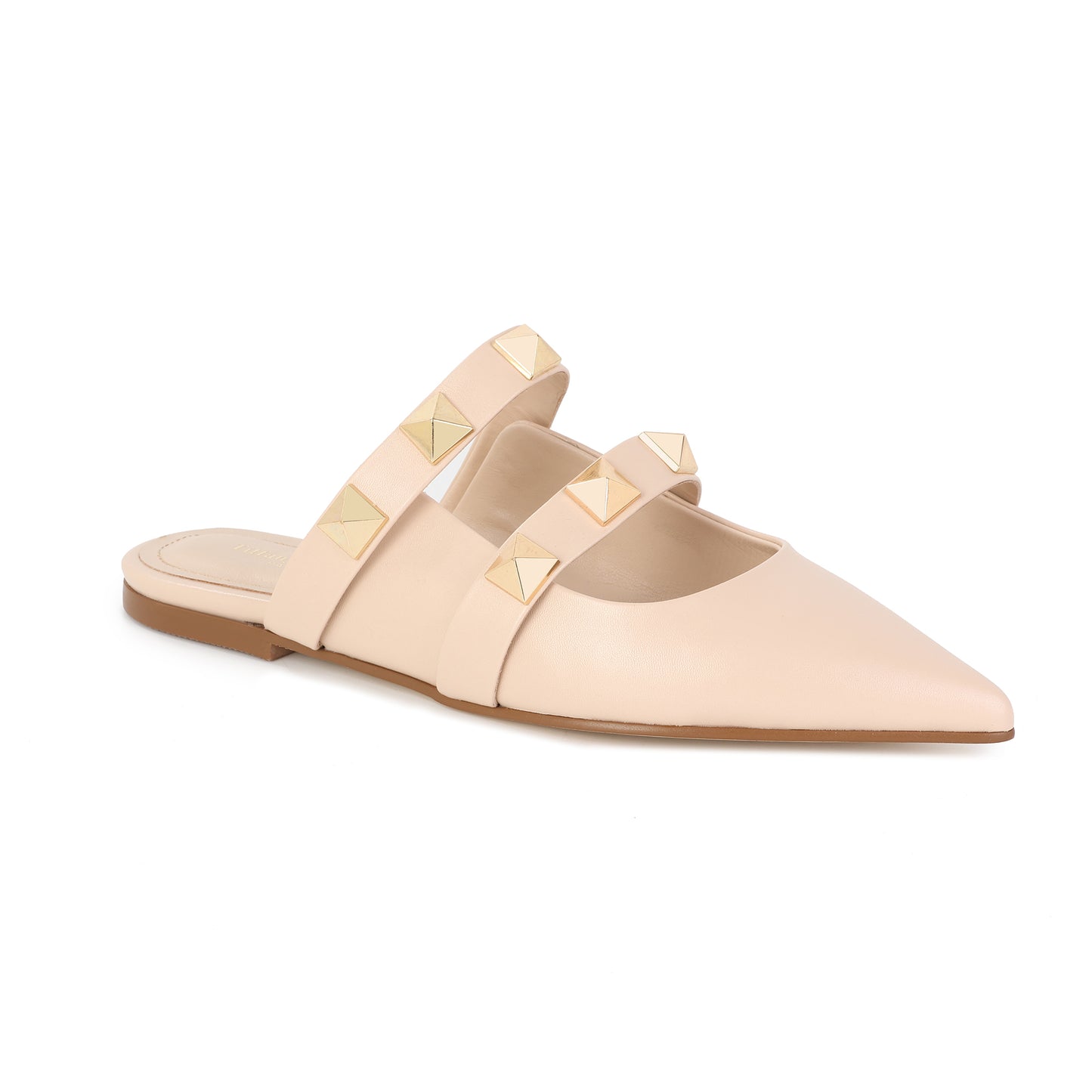 Beige Leather Mule Flats with Studded Double Strap