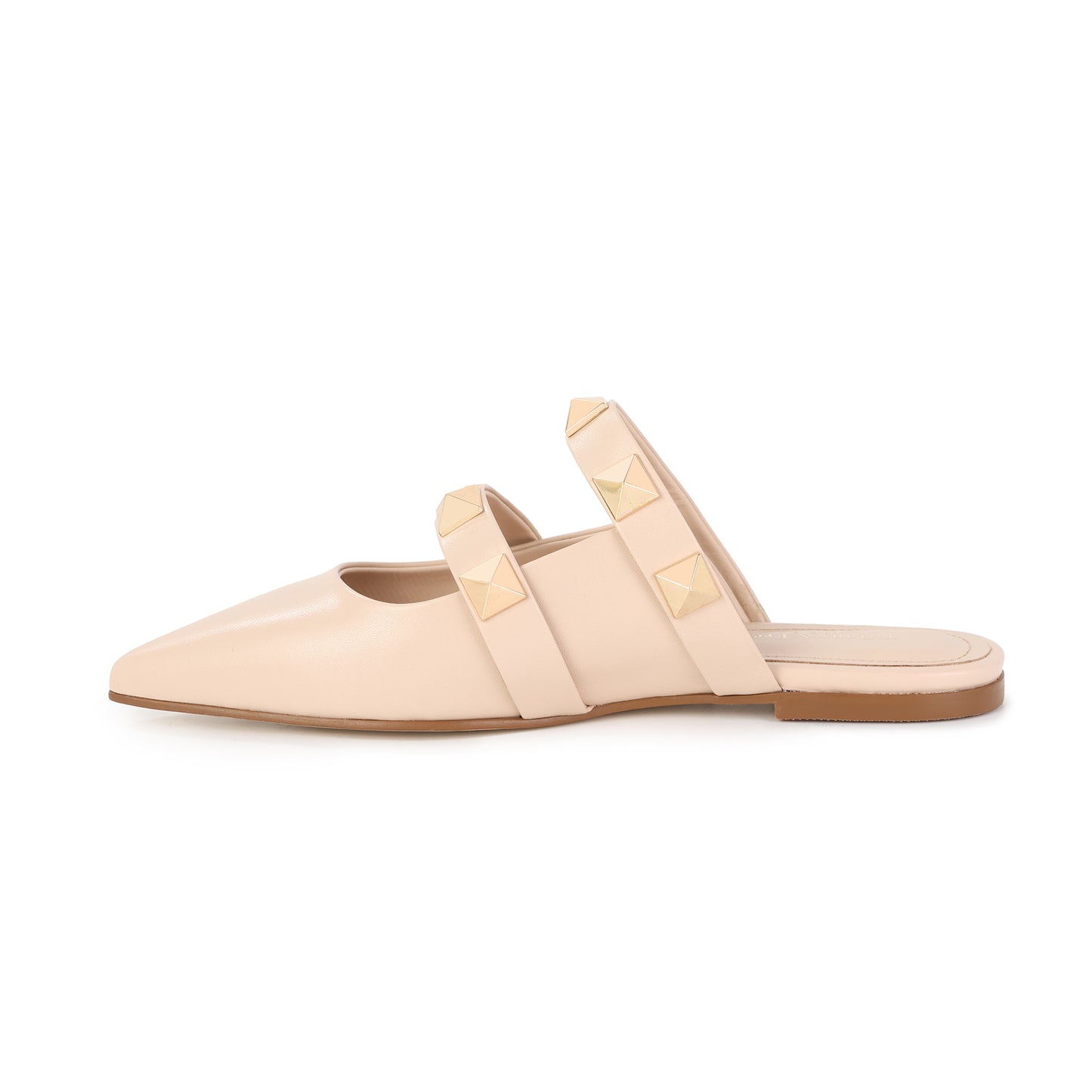 Beige Leather Mule Flats with Studded Double Strap