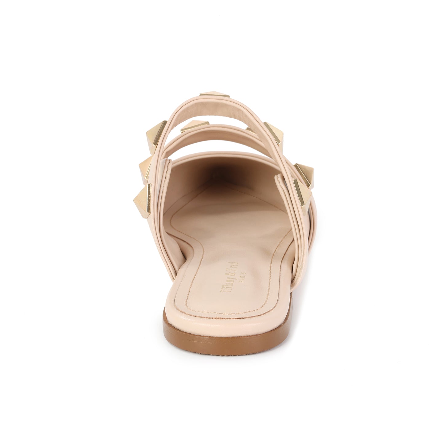 Beige Leather Mule Flats with Studded Double Strap