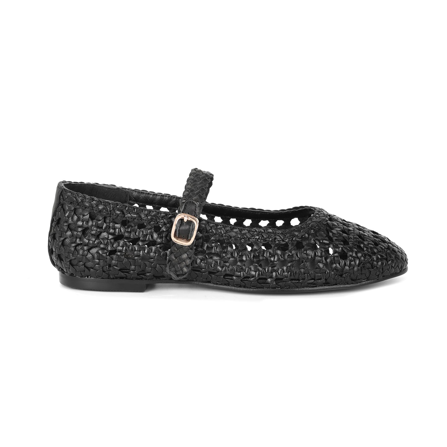Black Woven Leather Mary Jane Flats